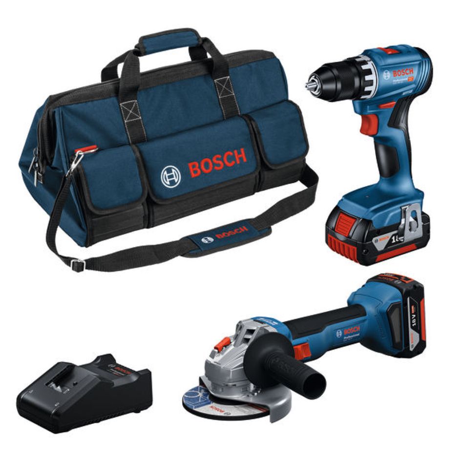 Kit d'outils à batterie Bosch Blue 0615A5007N Combipack 18V GSR + GWS 2x GBA 18V 4,0 Ah et chargeur GAL 18V-40, GSR 18V-45, GWS 18V-8
