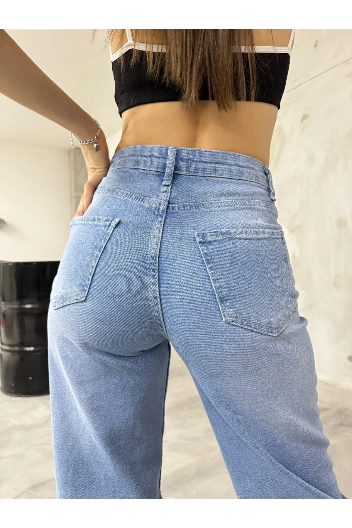BİKELİFE  Hellblaue Jeans mit hoher Taille und weitem Bein aus Lycra für Damen