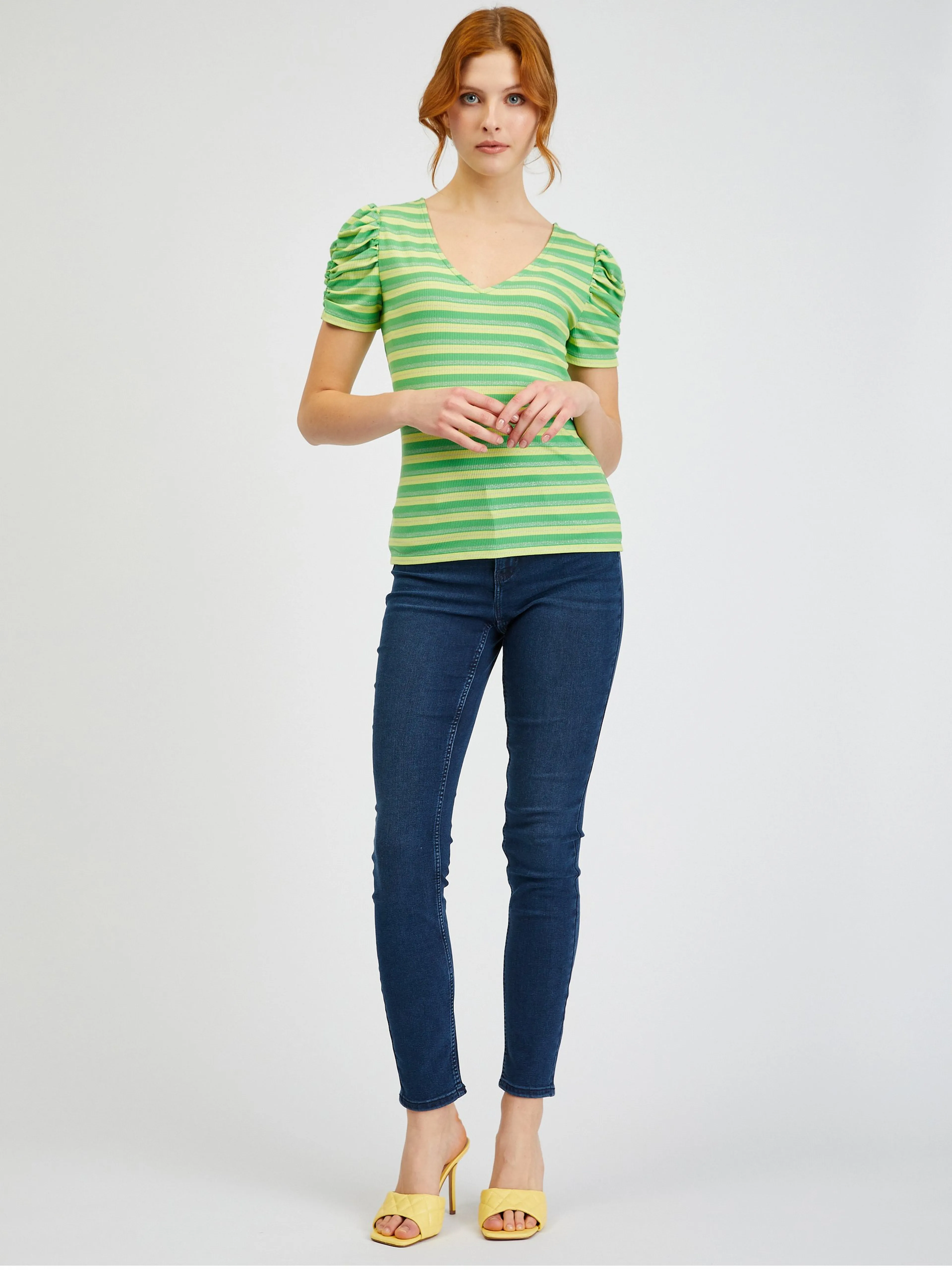 Gelb und grün gestreiftes Damen-T-Shirt ORSAY