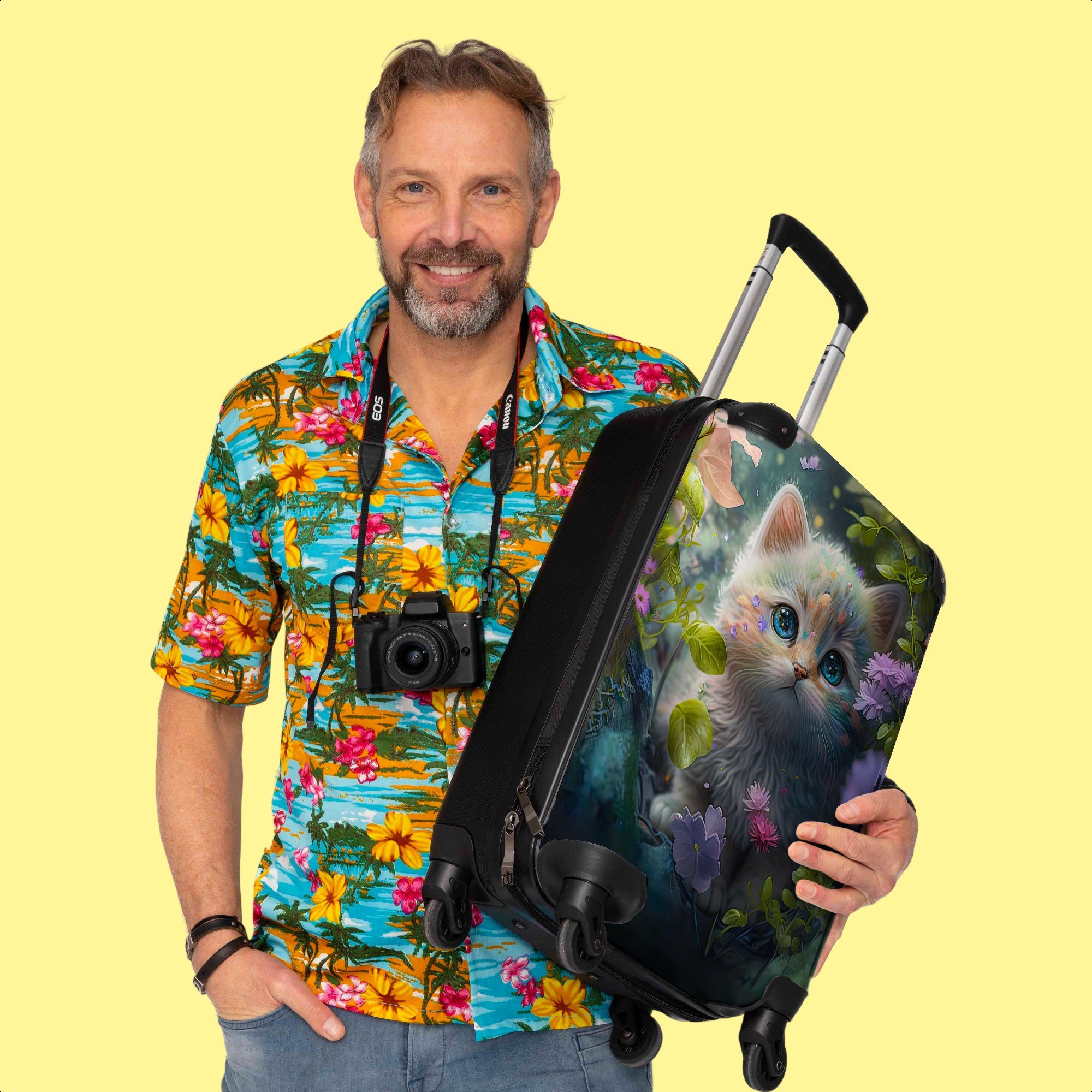 NoBoringSuitcases.com© Handgepäckkoffer 55x35x20cm Kätzchen - Blumen - Wald - Illustration - Katze, 4 Rollen, Handgepäck Trolley Rollkoffer Kleine Reisekoffer mit 4 Rollen - Cabin