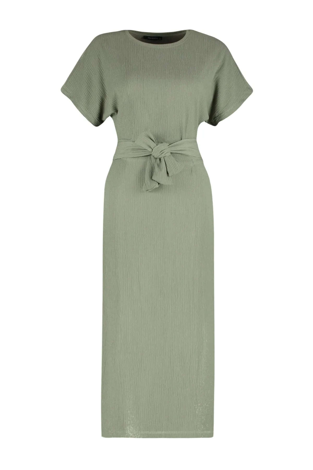 Trendyol Collection  Khakifarbenes Wickel-/strukturiertes Midi-Strickkleid mit Rundhalsausschnitt, Gürtel TWOSS23EL00709