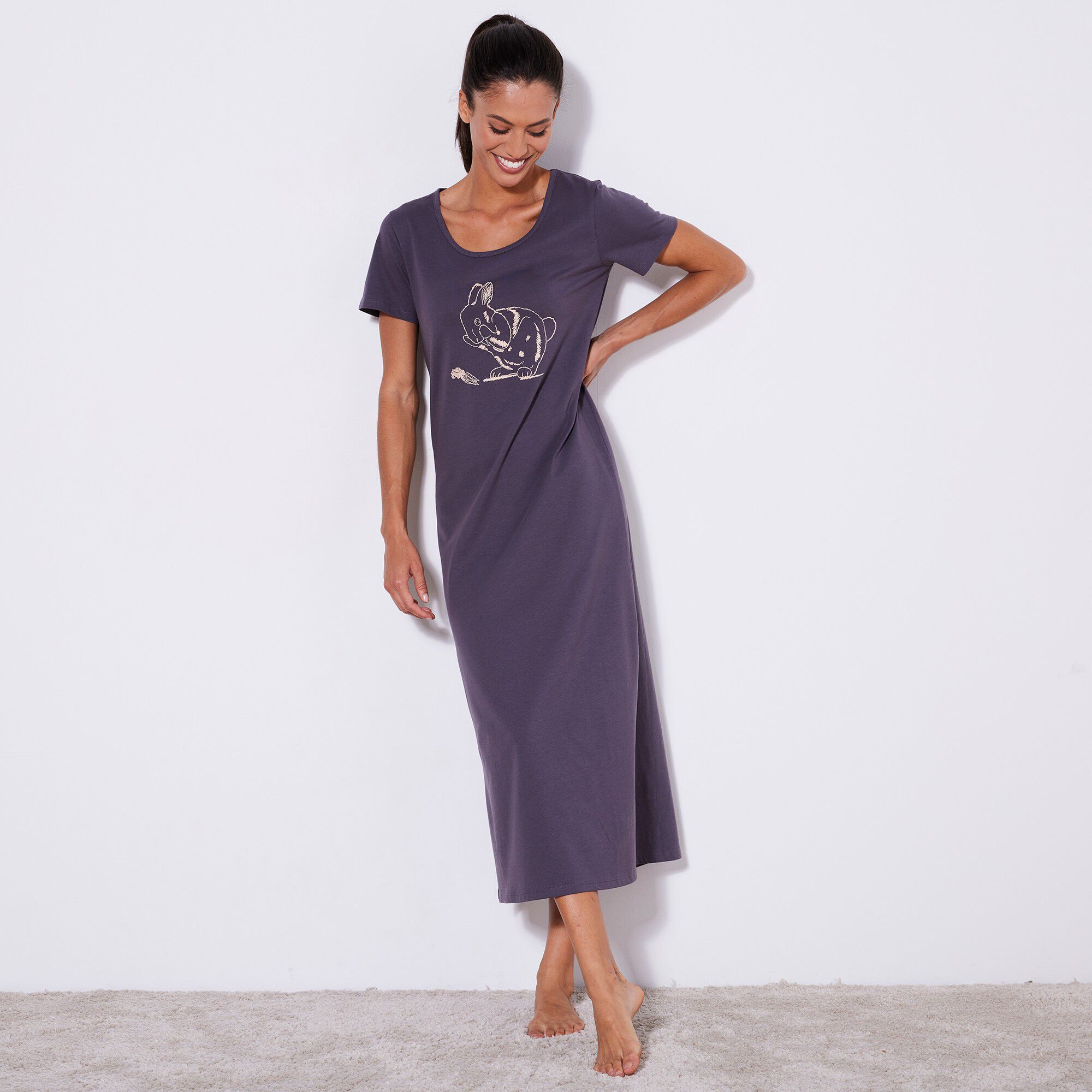 Chemise de nuit longue manches courtes imprimé «Lapin»