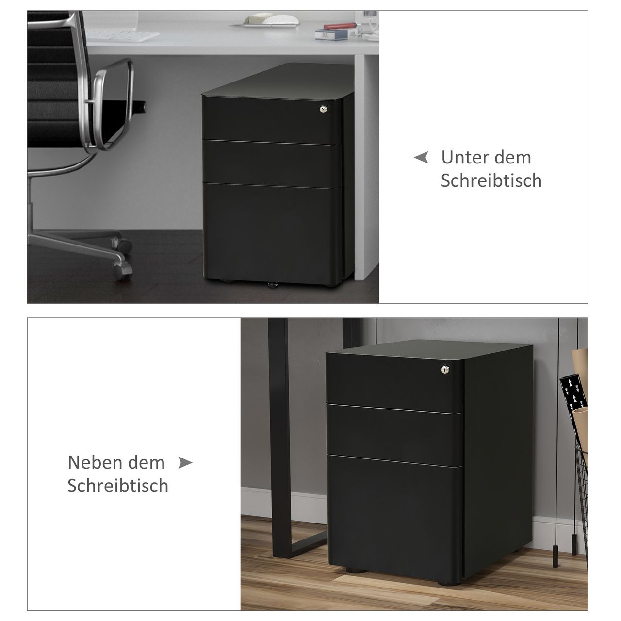Vinsetto Rollcontainer, mobiler Aktenschrank mit 3 Schubladen, Büroschrank, Aufbewahrung, Stahl, Schwarz, 39 x 48 x 59 cm