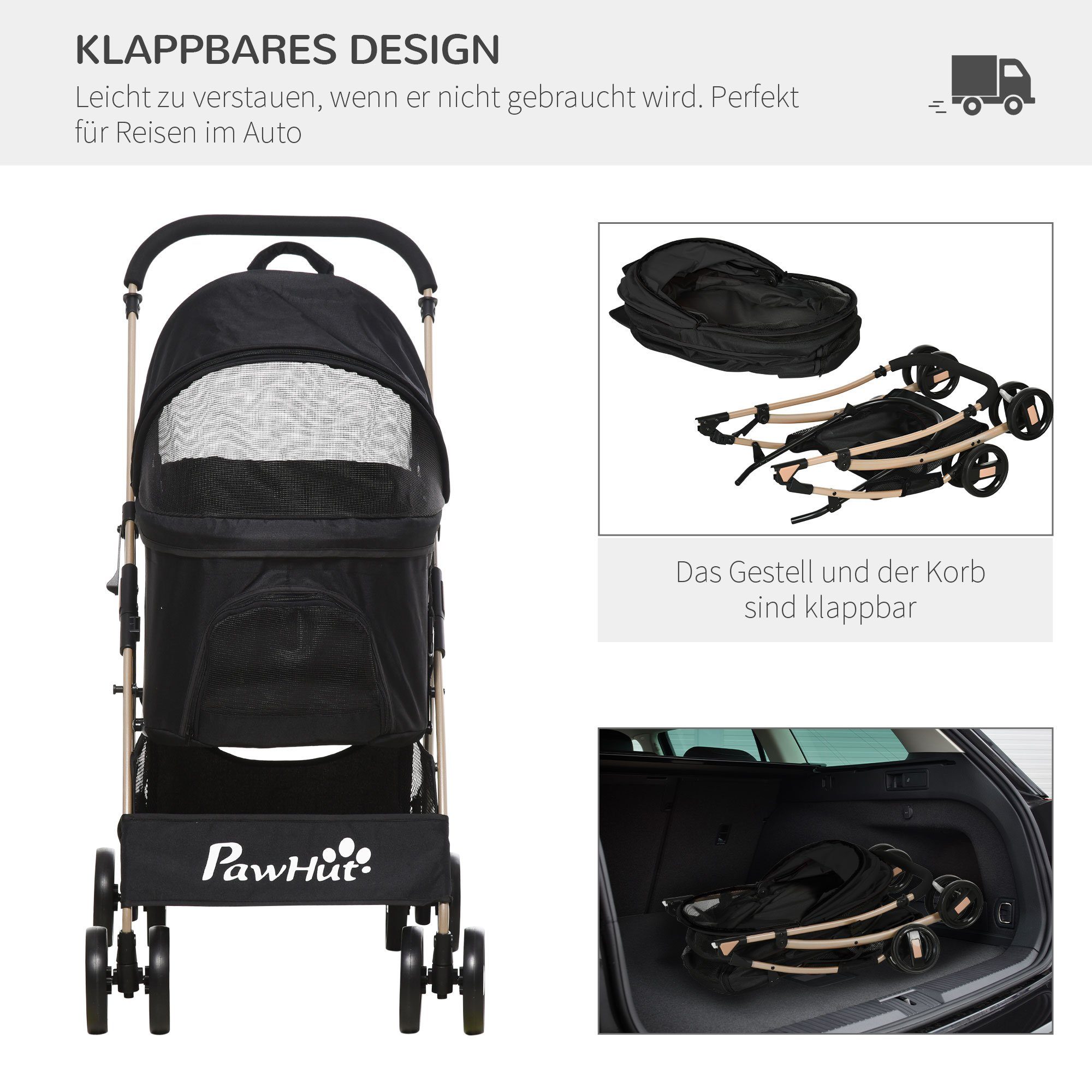 PawHut Hundebuggy 2-in-1 Hundewagen und Transportkorb, klappbar, 82 x 49,5 x 98 cm, (1-tlg), mit Falttasche