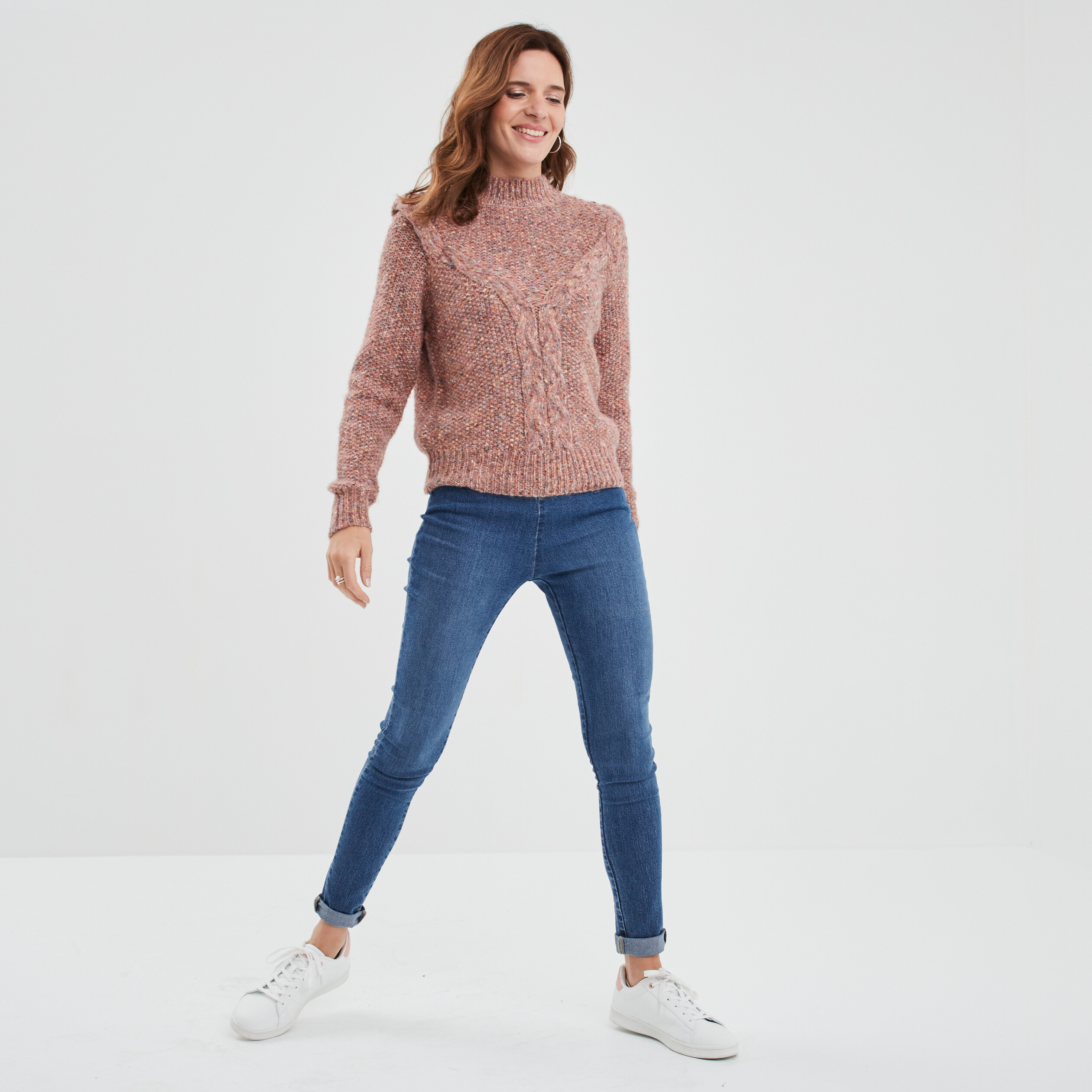 Pull détails torsades col montant rose clair femme | La Halle