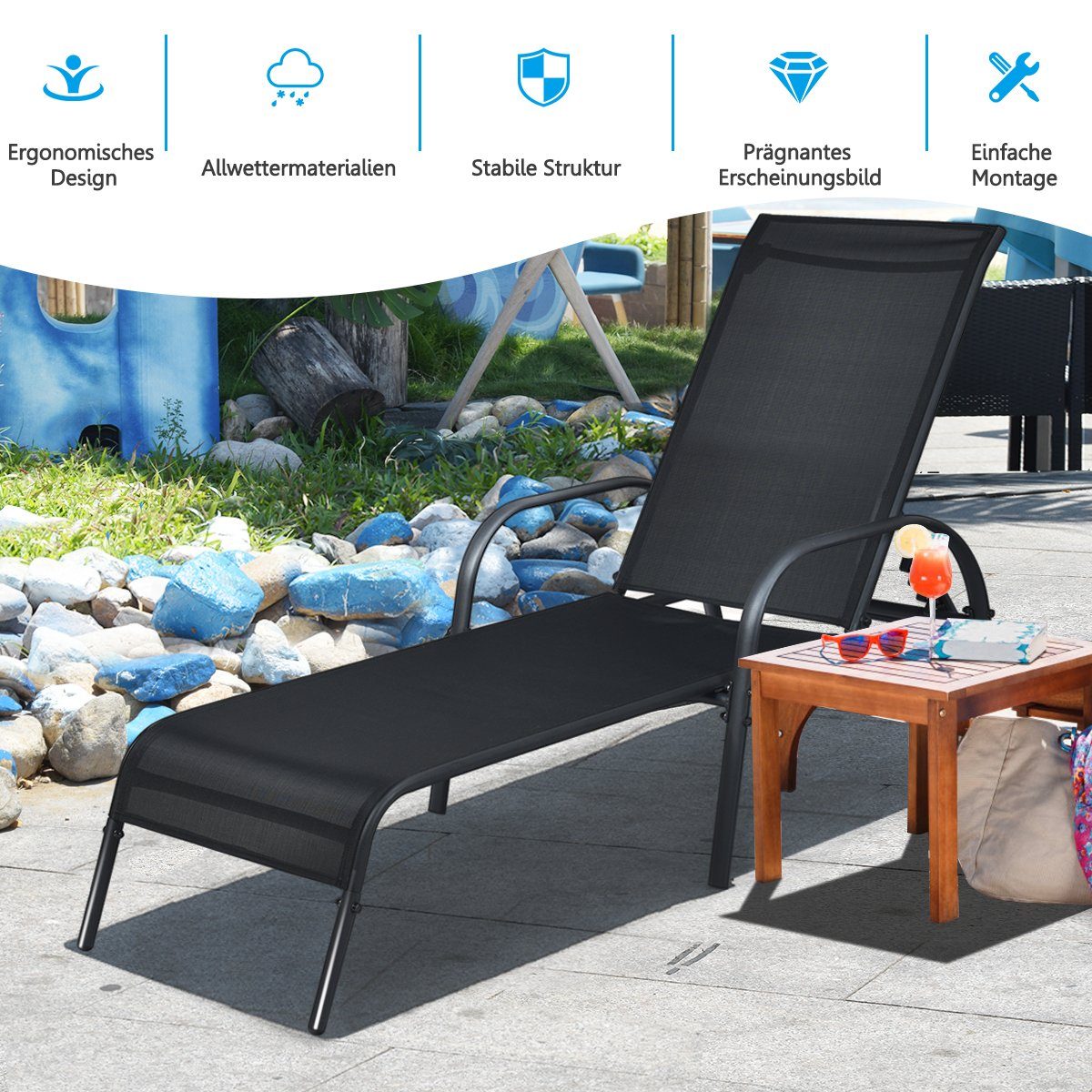 COSTWAY Gartenliege, mit 5 einstellbaren Rücklehnpositionen