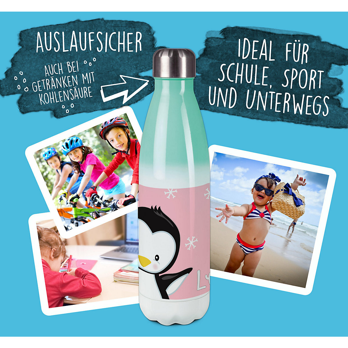 Edelstahl Kinder Thermoflasche / Trinkflasche bunt Pinguin Farbe rosa Spülmaschinenfest, Auslaufsicher, Bruchfest, Doppelwandig, Für Heißgetränke geeignet, Mit Deckel, Isoliert