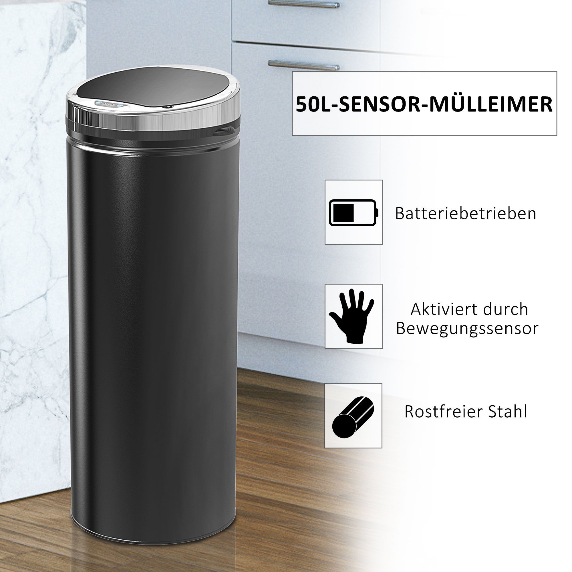 HOMCOM Mülleimer mit Bewegungssensor, rostfreier Stahl, 30,5 cm x 30,5 cm x 81,5 cm, 50 L