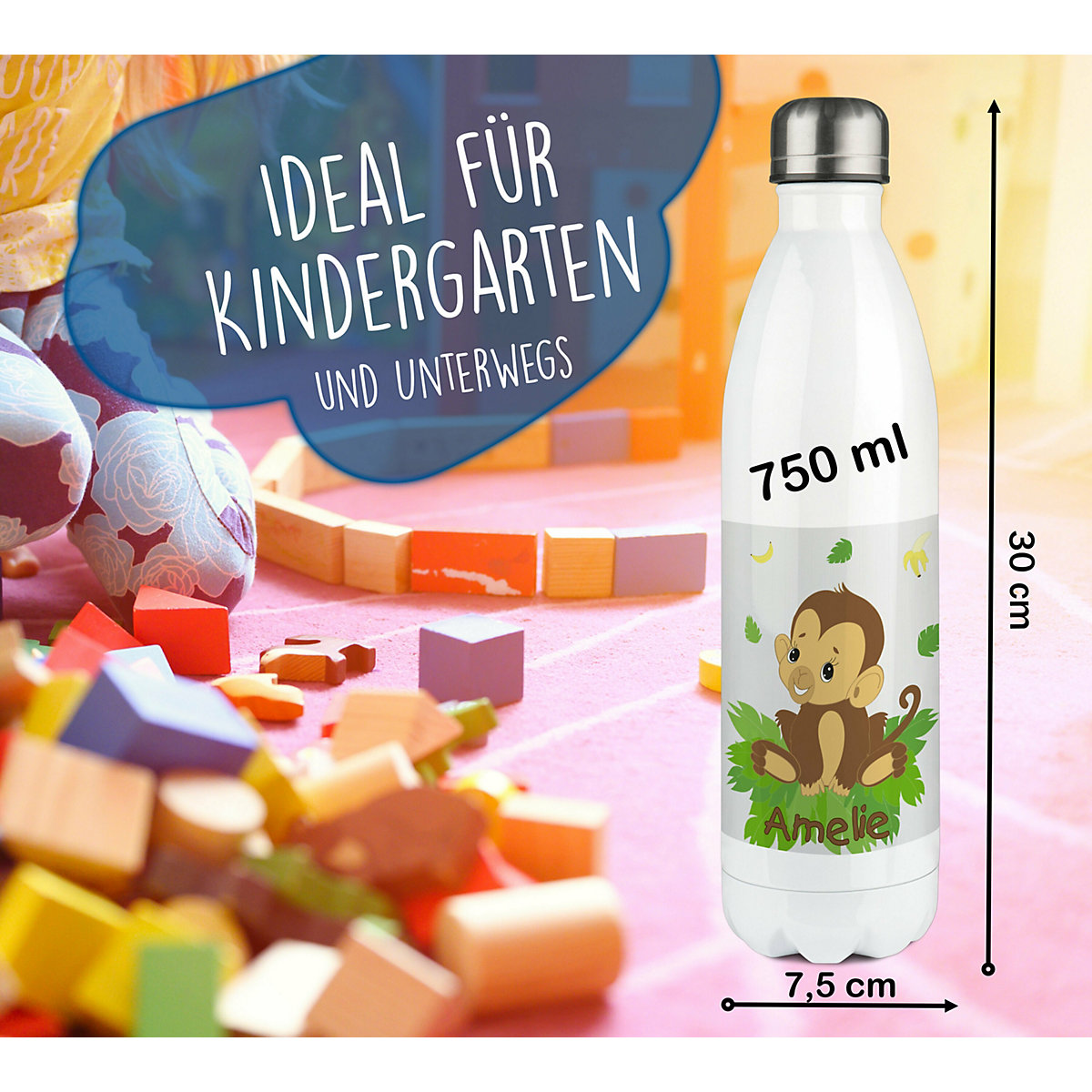Edelstahl Kinder Thermoflasche / Trinkflasche bunt Affenbaby Spülmaschinenfest, Auslaufsicher, Bruchfest, Doppelwandig, Für Heißgetränke geeignet, Mit Deckel, Isoliert