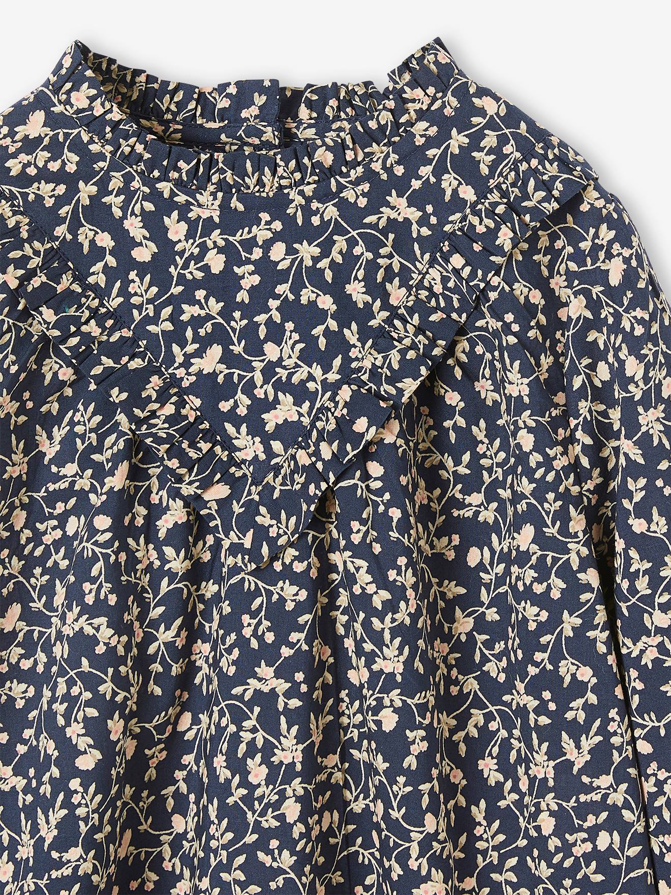 Blouse victorienne motifs fleurs fille bleu grisé imprimé