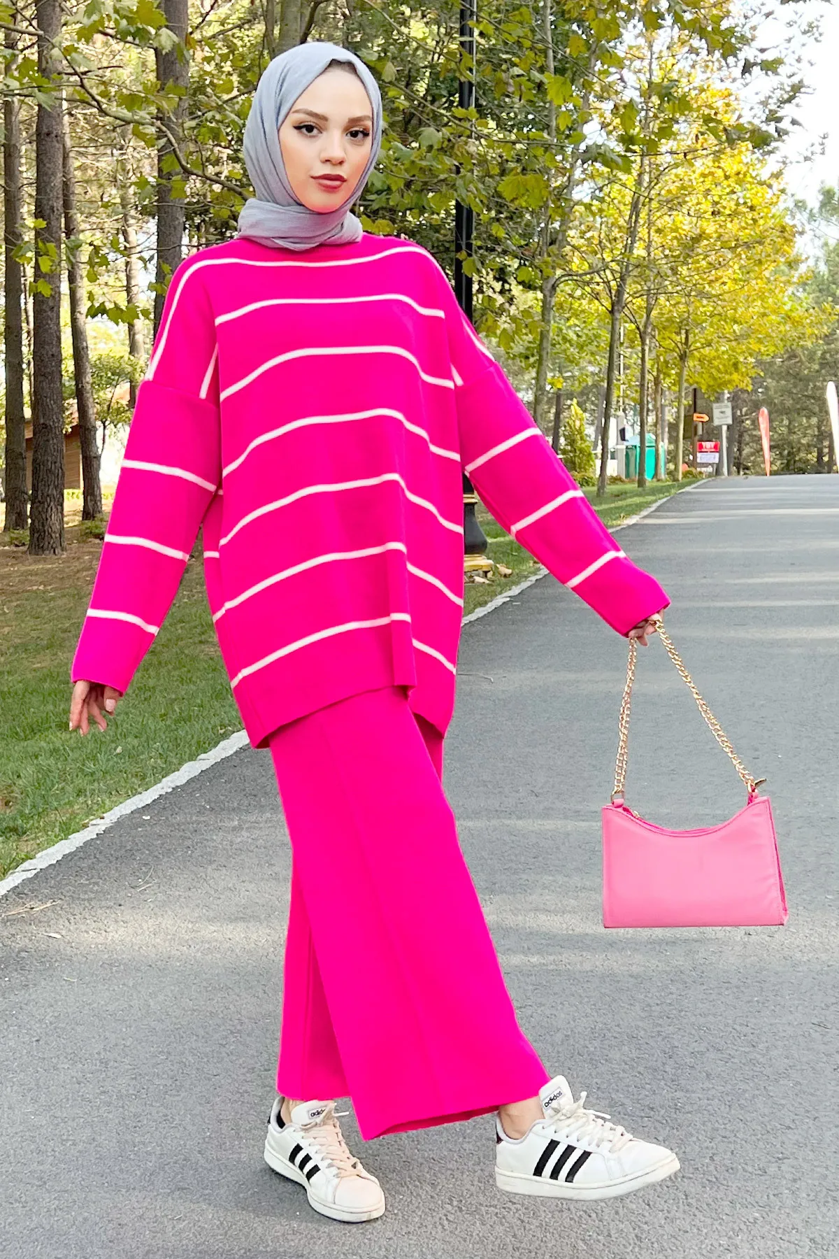 Tesettür Dünyası  Gestreifter Strickanzug Tsd220905 Fuchsia