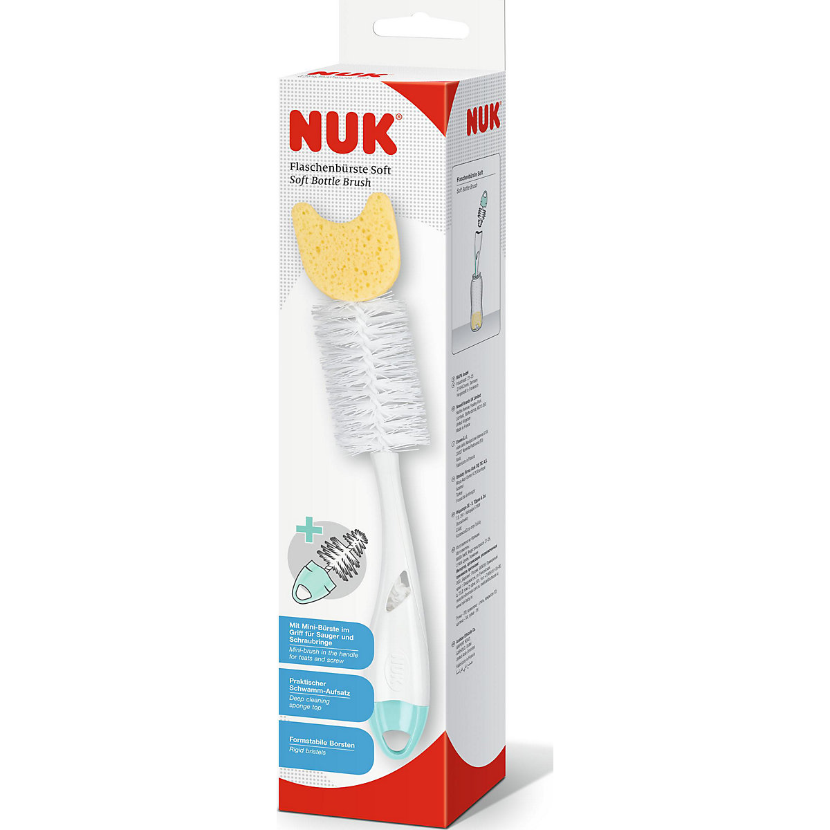 NUK Flaschenbürste Soft, gründliche Vorreinigung von Saugern und Flaschen, mit Mini-Bürste im Griff, 1 Stück, Mint