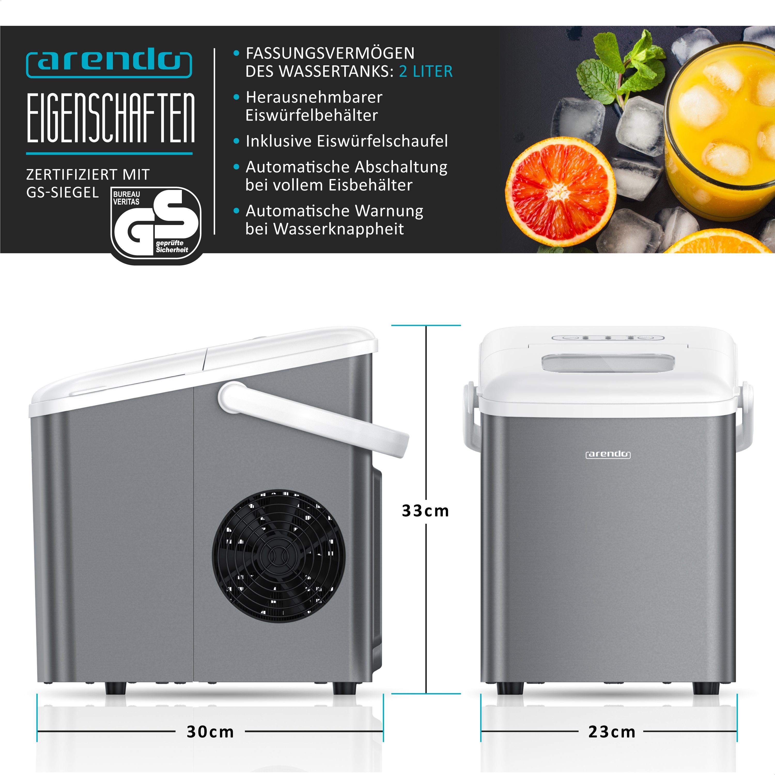 Arendo Eiswürfelmaschine, 120W mit 1,5L Behälter Eiswürfelbereiter, 9 Eiswürfel in 9 Minuten
