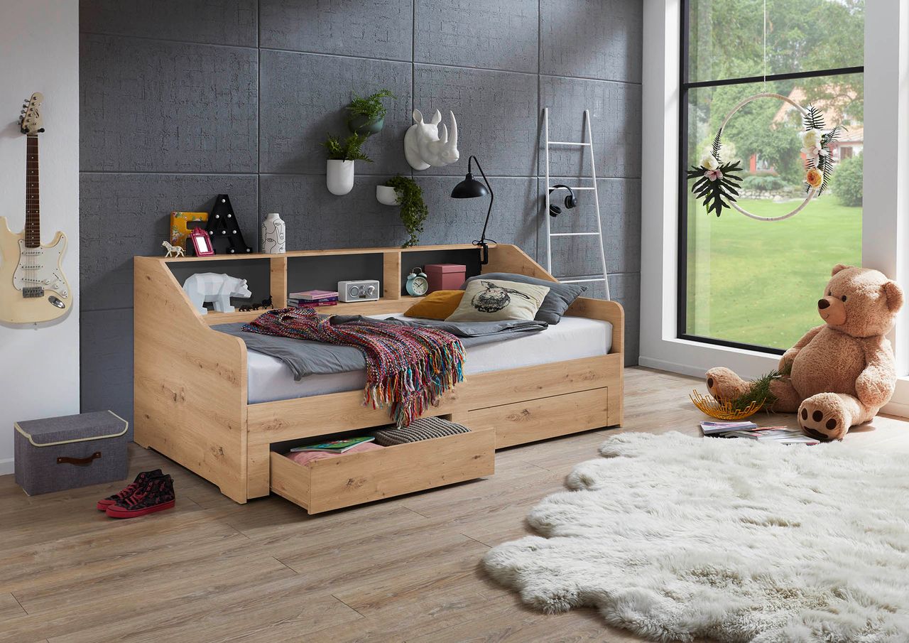 Relita Funktionsbett RENE, von 90 auf 180 x 200 cm ausziehbar, Eiche Artisan Dekor