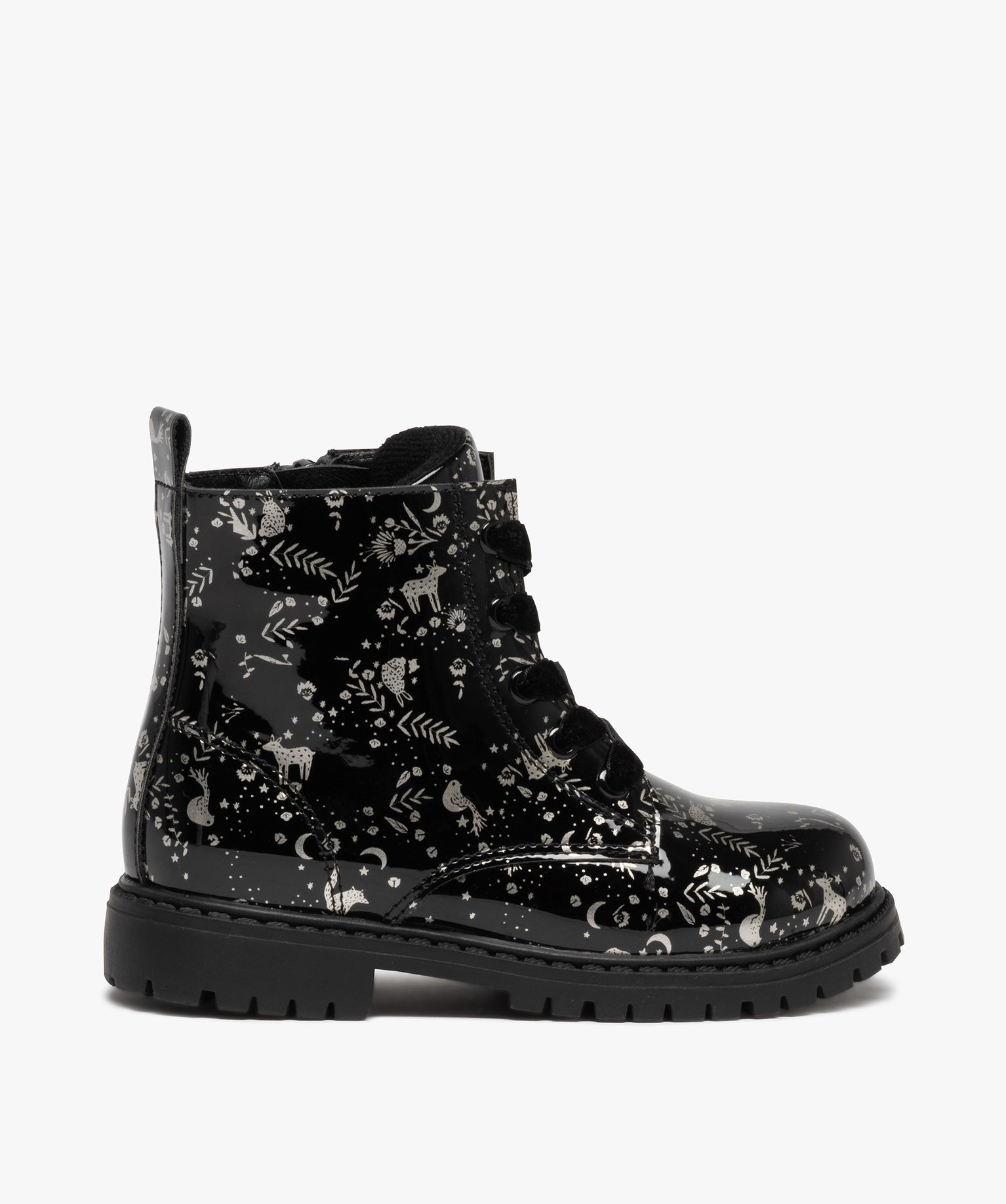 Boots fille style rock vernies à lacets et zip noir | GEMO
