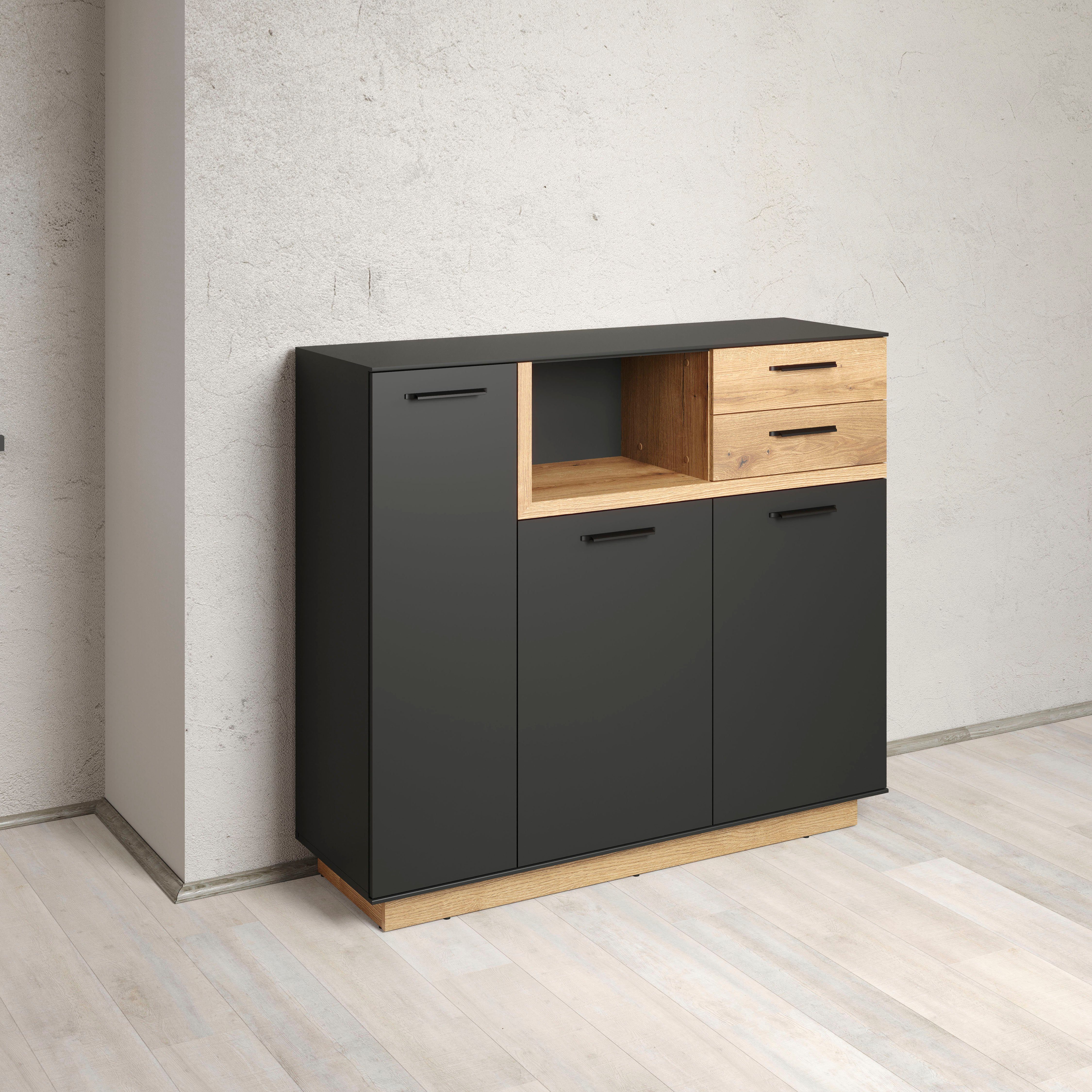 INOSIGN Highboard Premont (1 St), ca. 128 cm breit, zweifarbiger Schrank, moderne Eiche, stehend