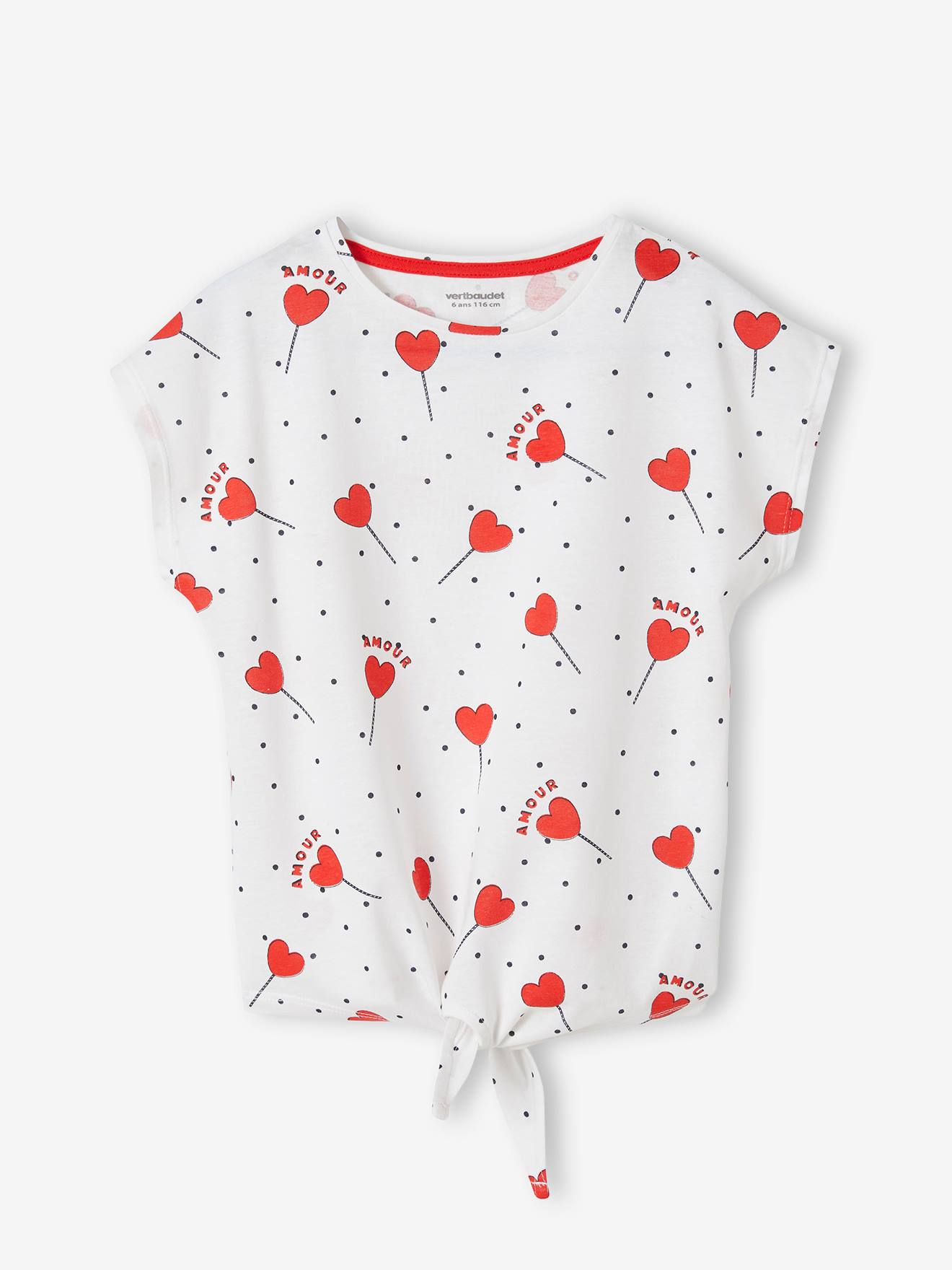 T-shirt imprimé fille avec noeud fantaisie écru