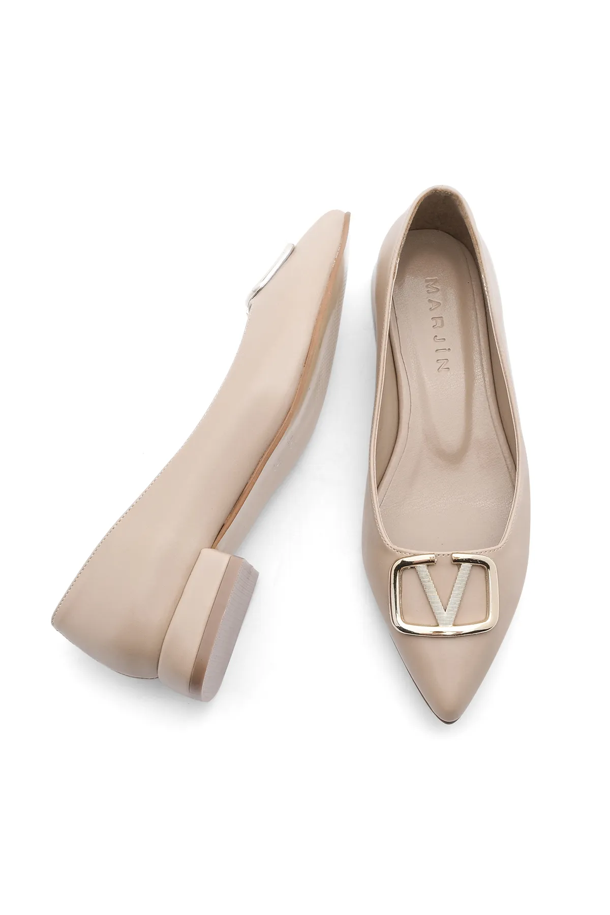 Marjin  Ballerinas mit spitzer Spitze und Schnalle für Damen Porek Beige