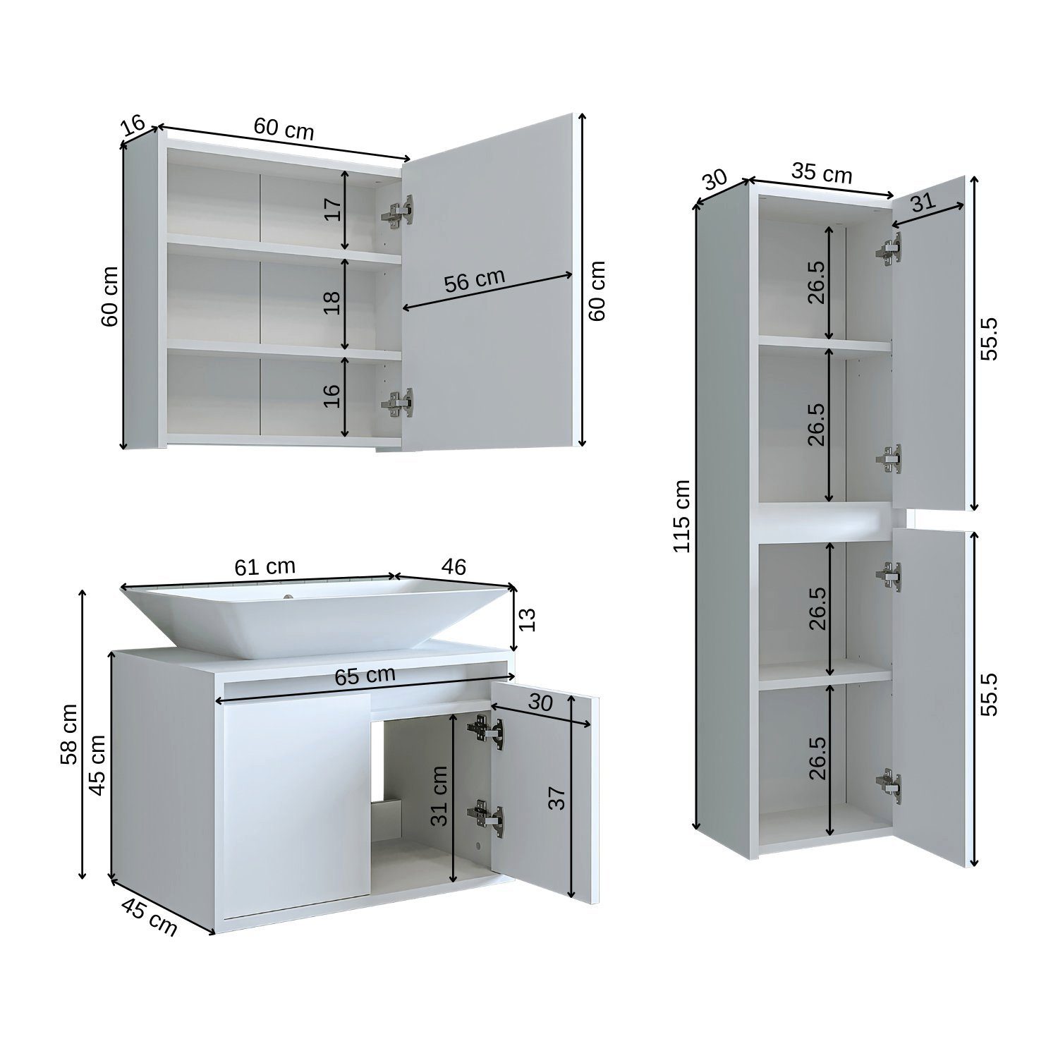 Roomart Badmöbel-Set, (Badmöbel Set 65cm Unterschrank Waschbecken Spiegelscrank Hochschrank)