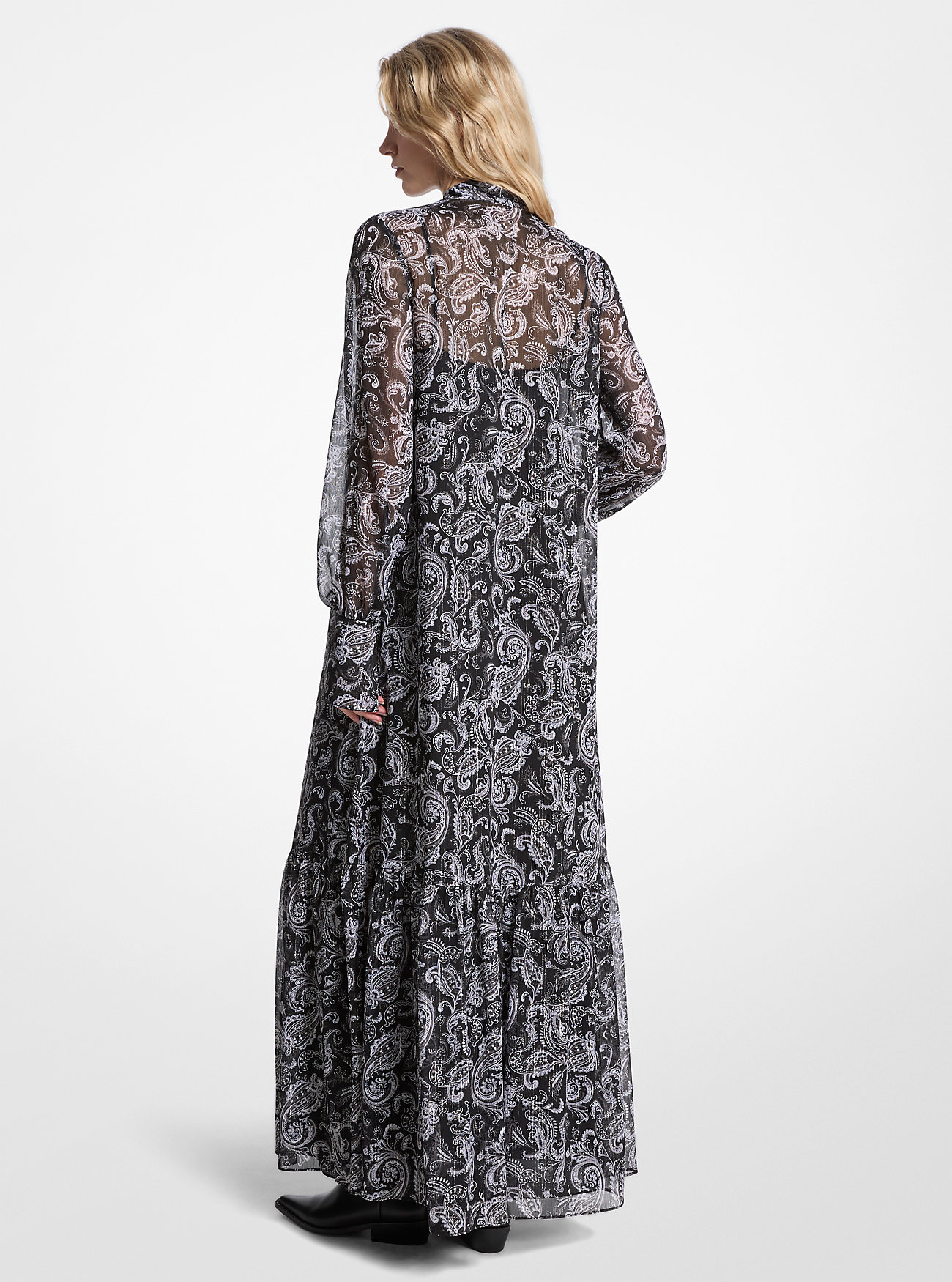 Metallisk paisley-trykk Georgette-kjole med knyting i halsen - GUNMETAL