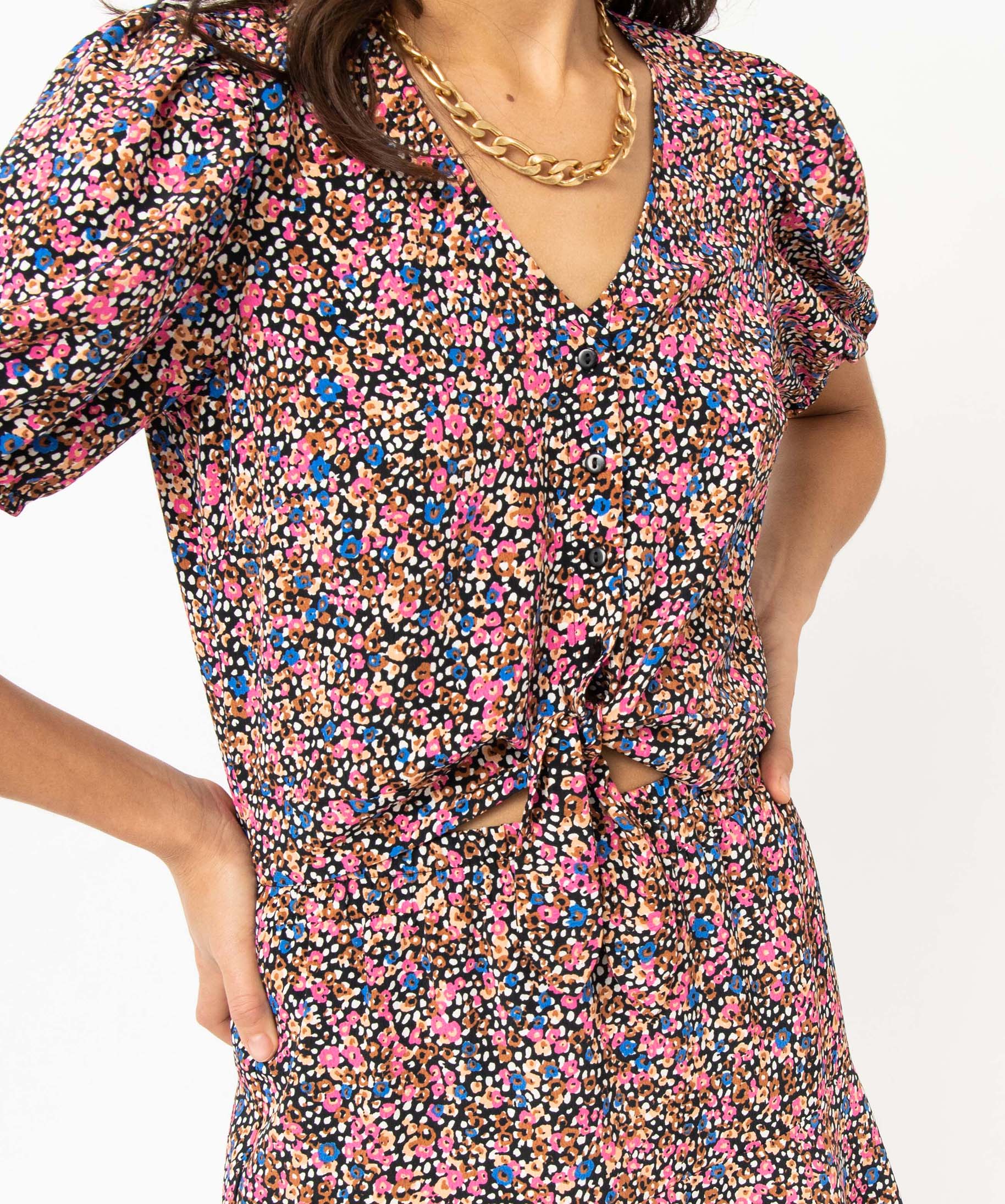 Blouse courte à fleurs et manches ballon femme imprime | GEMO