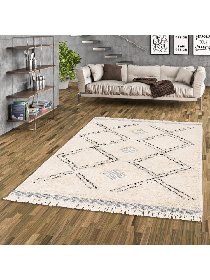 Pergamon In & Outdoor Teppich Shaggy Sylt Rauten in Creme günstig kaufen 135 x 190 cm