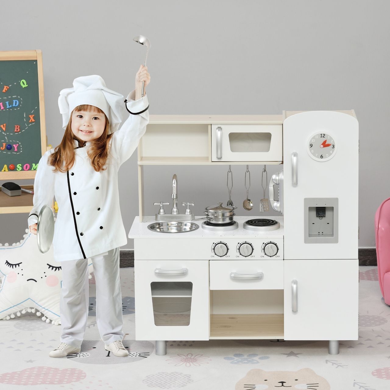 HOMCOM Kinderküche mit Zubehör, Traumküche, Spielküche, Spielzeugküche für 3 Jahre , Kiefer, MDF, Weiß, 74 x 30 x 81 cm
