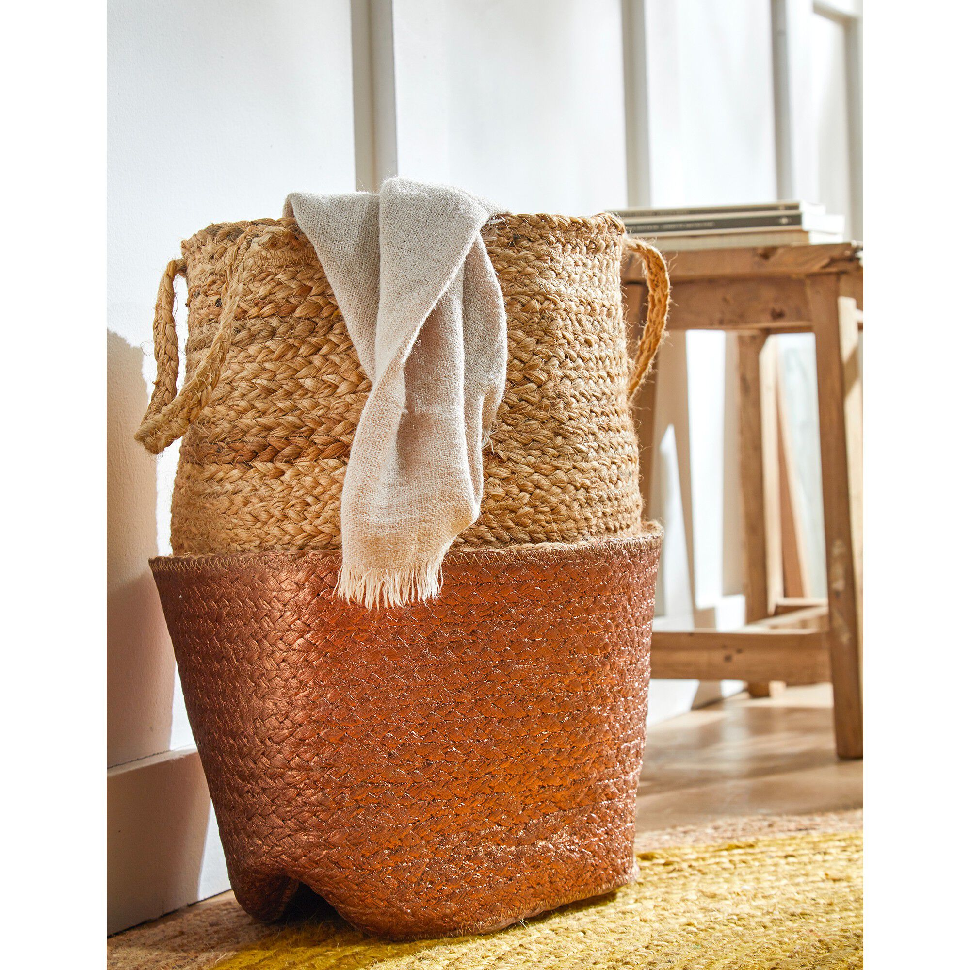 Panier jute tressé naturel / cuivre