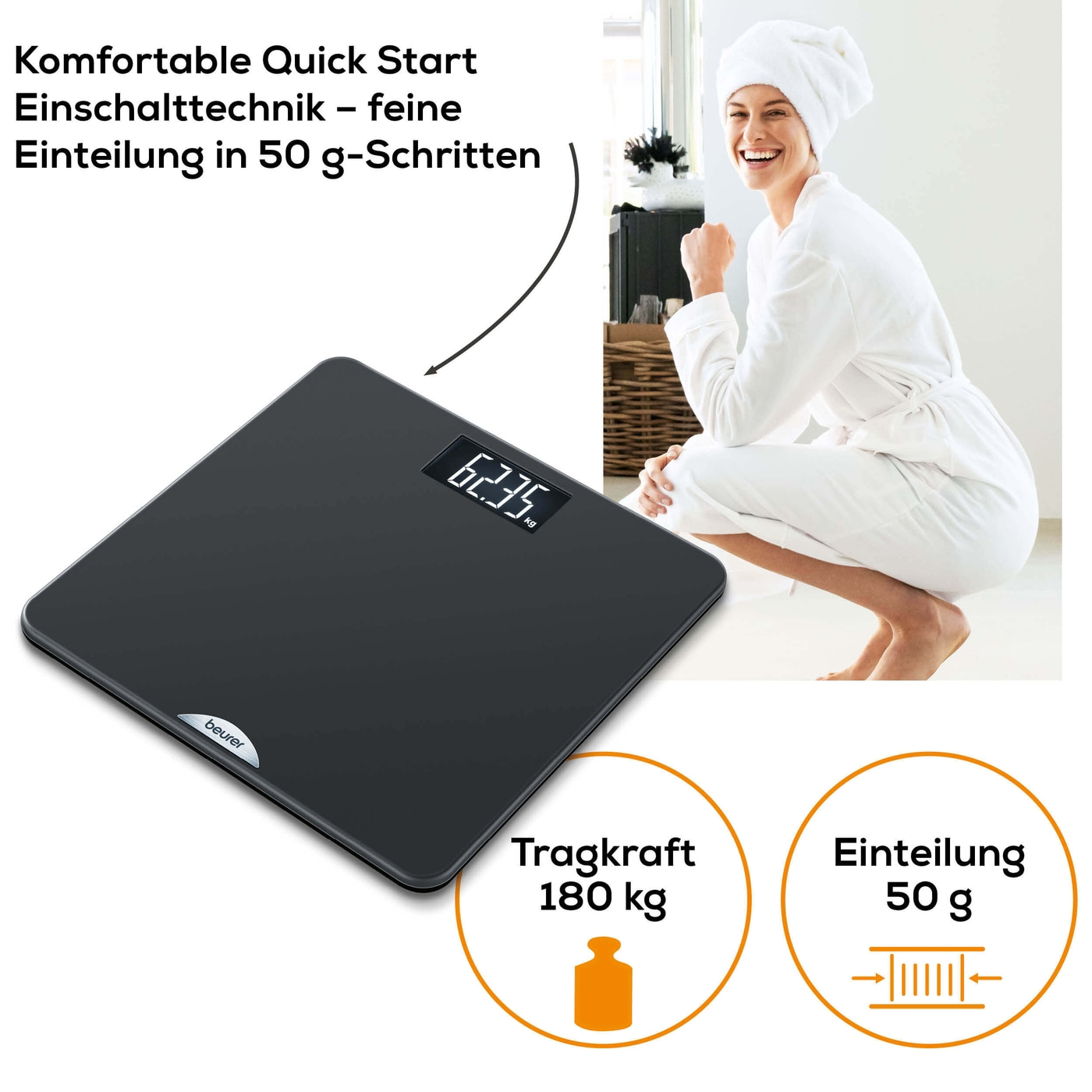 Beurer Personenwaage PS 240-Personenwaage mit gummierter Trittfläche & beleuchtetem Schwarzdisplay - bis 180 kg