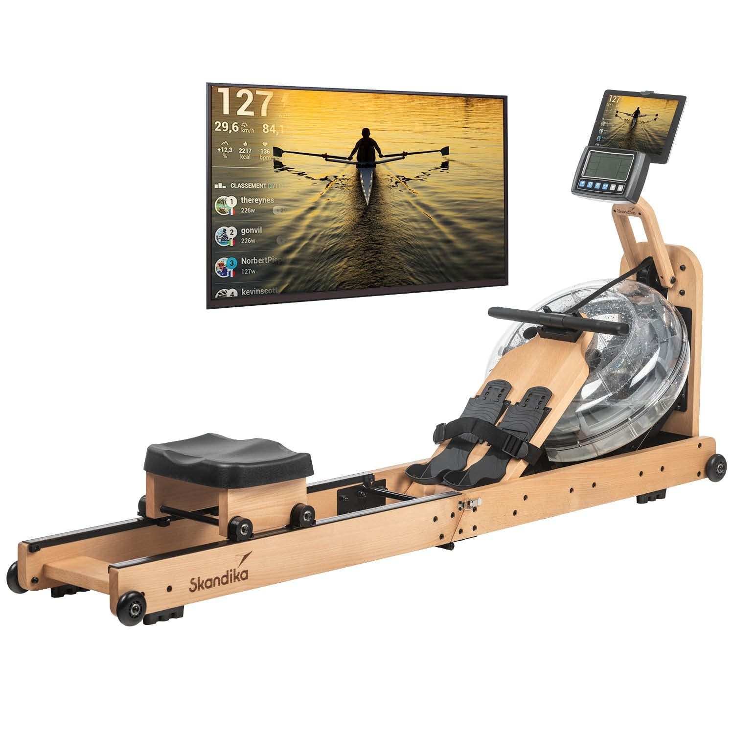 Skandika Rudergerät Nytta Wasserrudergerät für Zuhause, 45° Tank, Holz Rudergerät, klappbar, Kinomap App kompatibel, Buche