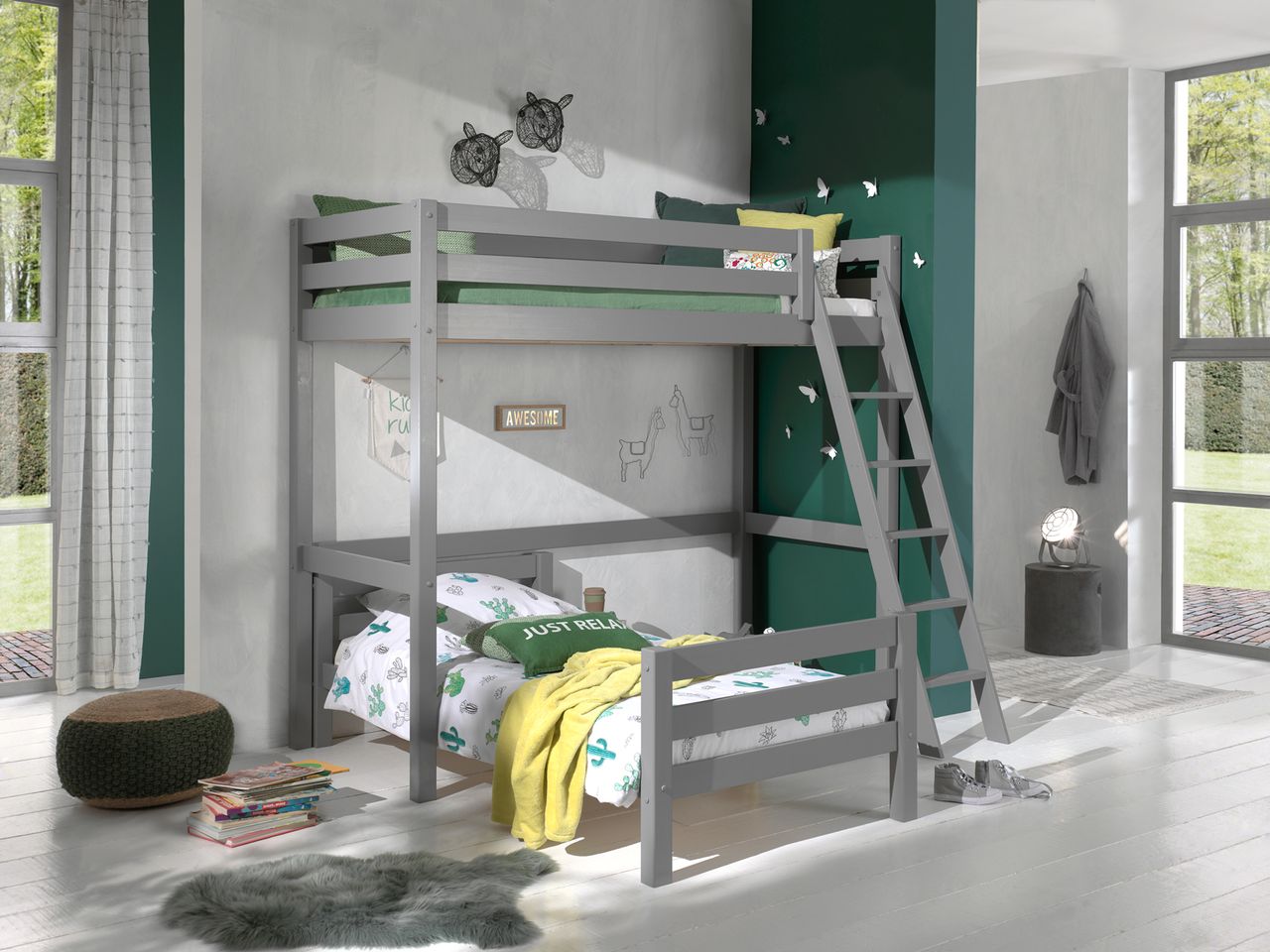 VIPACK Winkel Hochbett mit 2 Liegeflächen 90 x 200 cm, Ausf. grau lackiert