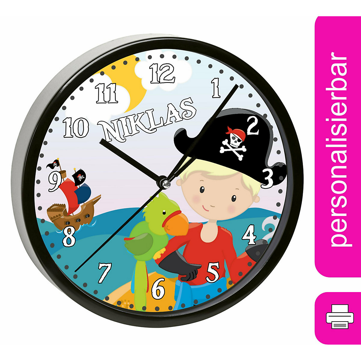 Kinder Wanduhr personalisiert mit Name Pirat nah