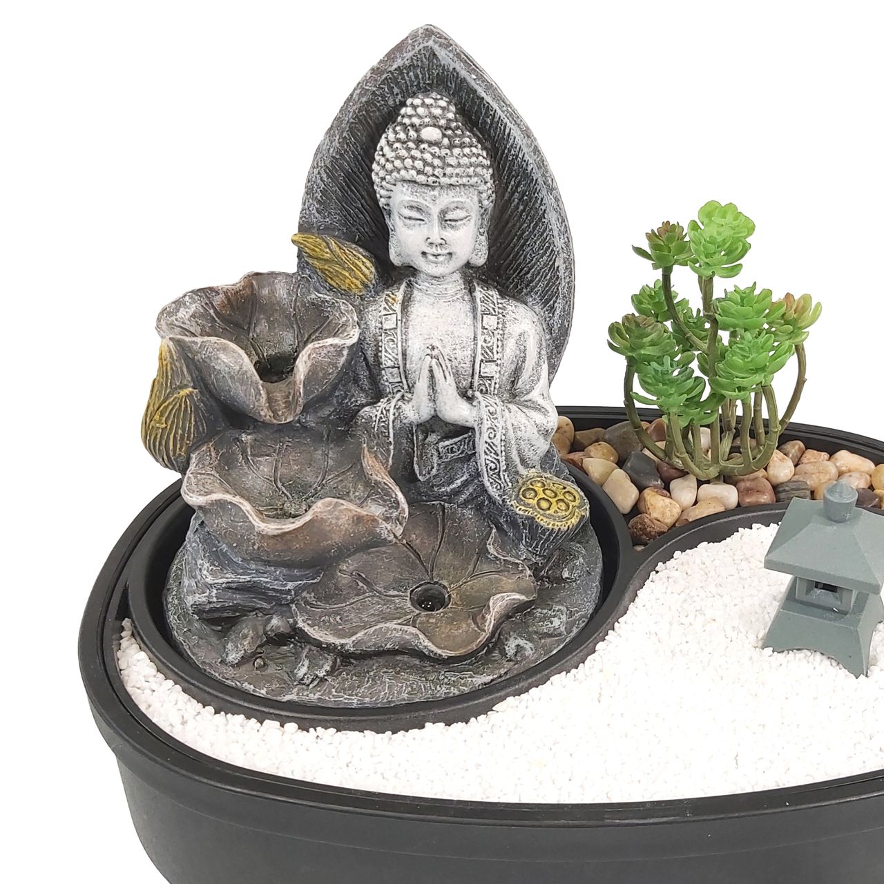 Lemodo Zimmerbrunnen mit LED-Beleuchtung, Dekobrunnen “Buddha Namaste” für die Wohnung