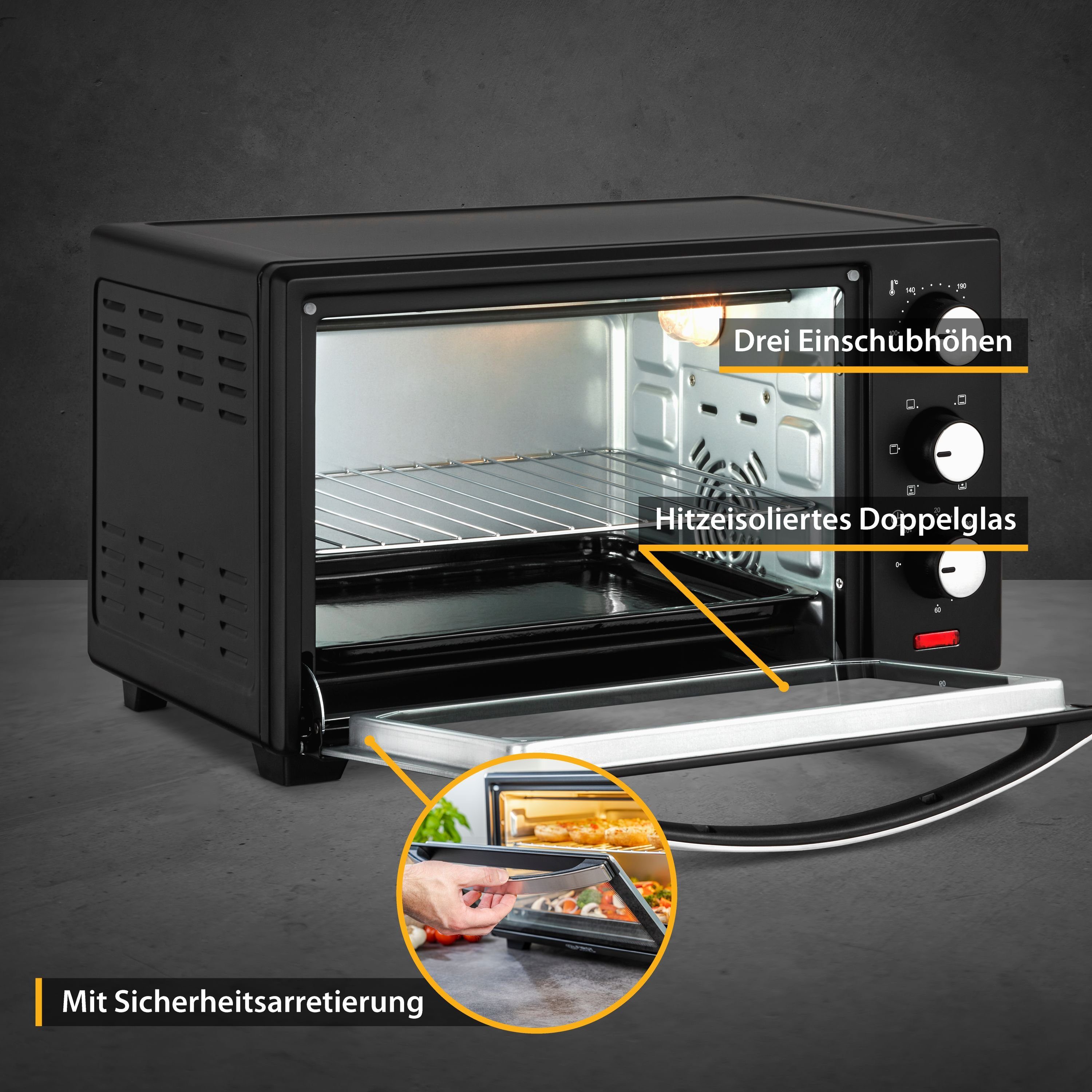 TZS FIRST AUSTRIA Minibackofen 20L Mini Backofen, 1380W, Unter-Oberhitze, bis 230 Grad, Doppelglastür, stufenlose Temperaturregelung, 60 Min Timer, Mini Ofen, Krümelblech