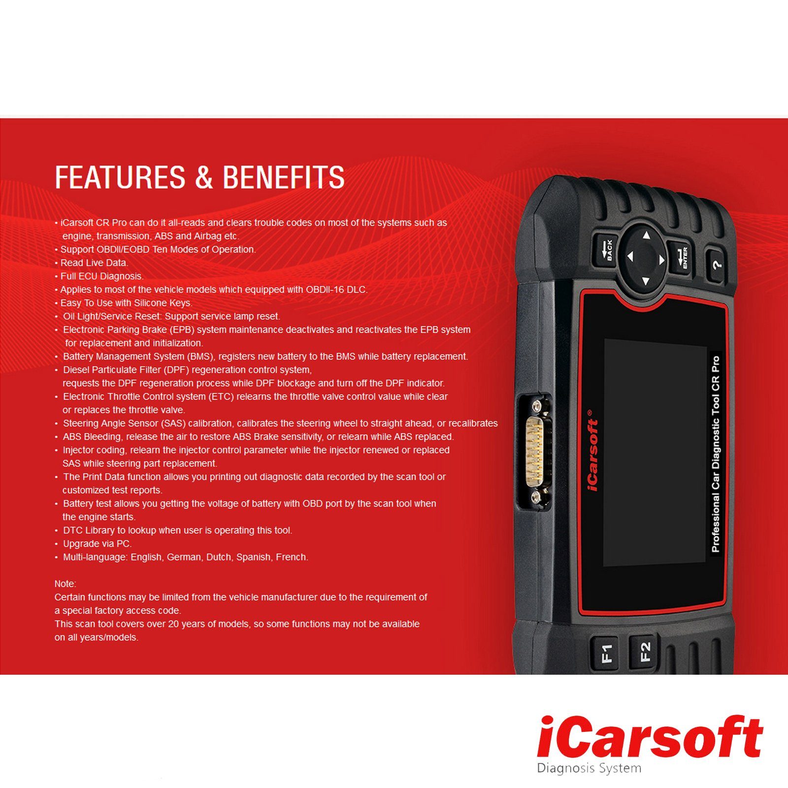 iCarsoft OBD2-Diagnosegerät CR PRO OBD-2 Scanner + Kostenlose Online Updates DEUTSCH