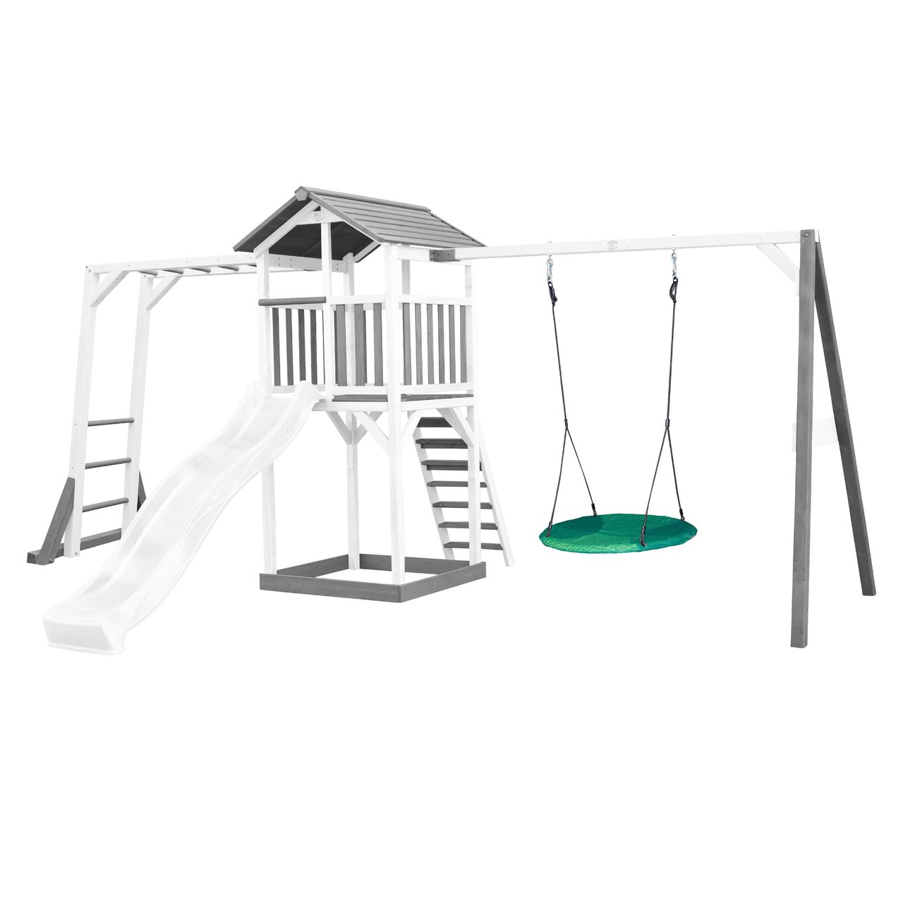 AXI Beach Tower Spielturm mit Klettergerüst und Summer Nestschaukel - Weiße Rutsche