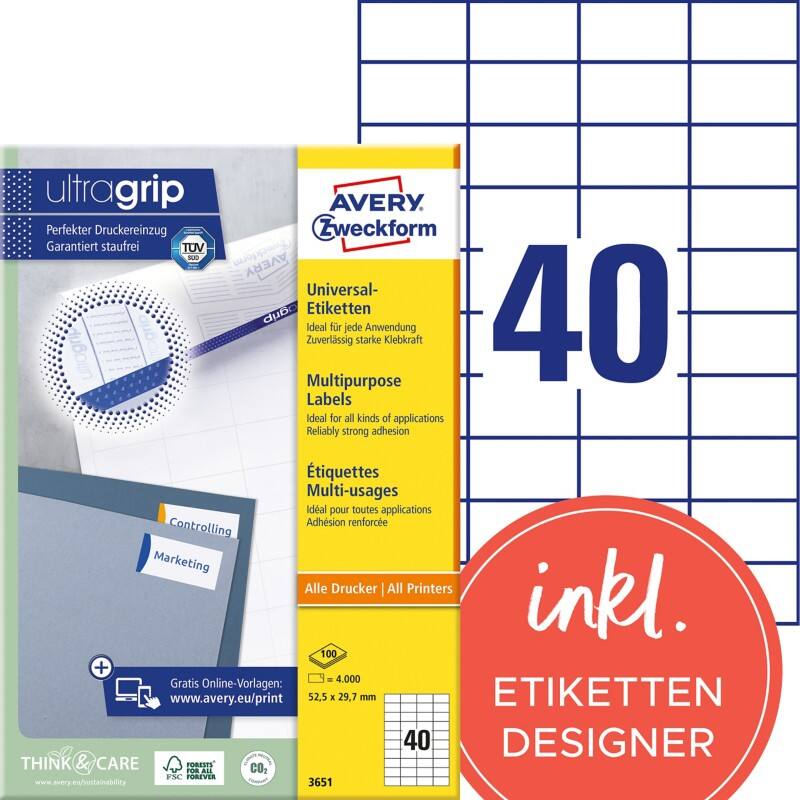 AVERY Zweckform ultragrip Universaletiketten 3651 Selbsthaftend DIN A4 Weiß 52,5 x 29,7 mm 100 Blatt à 40 Etiketten