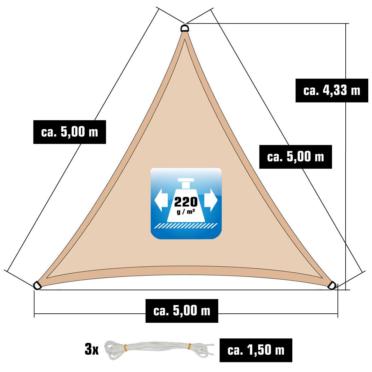AMANKA 5x5x5 Beiges atmungsaktives UV Sonnensegel