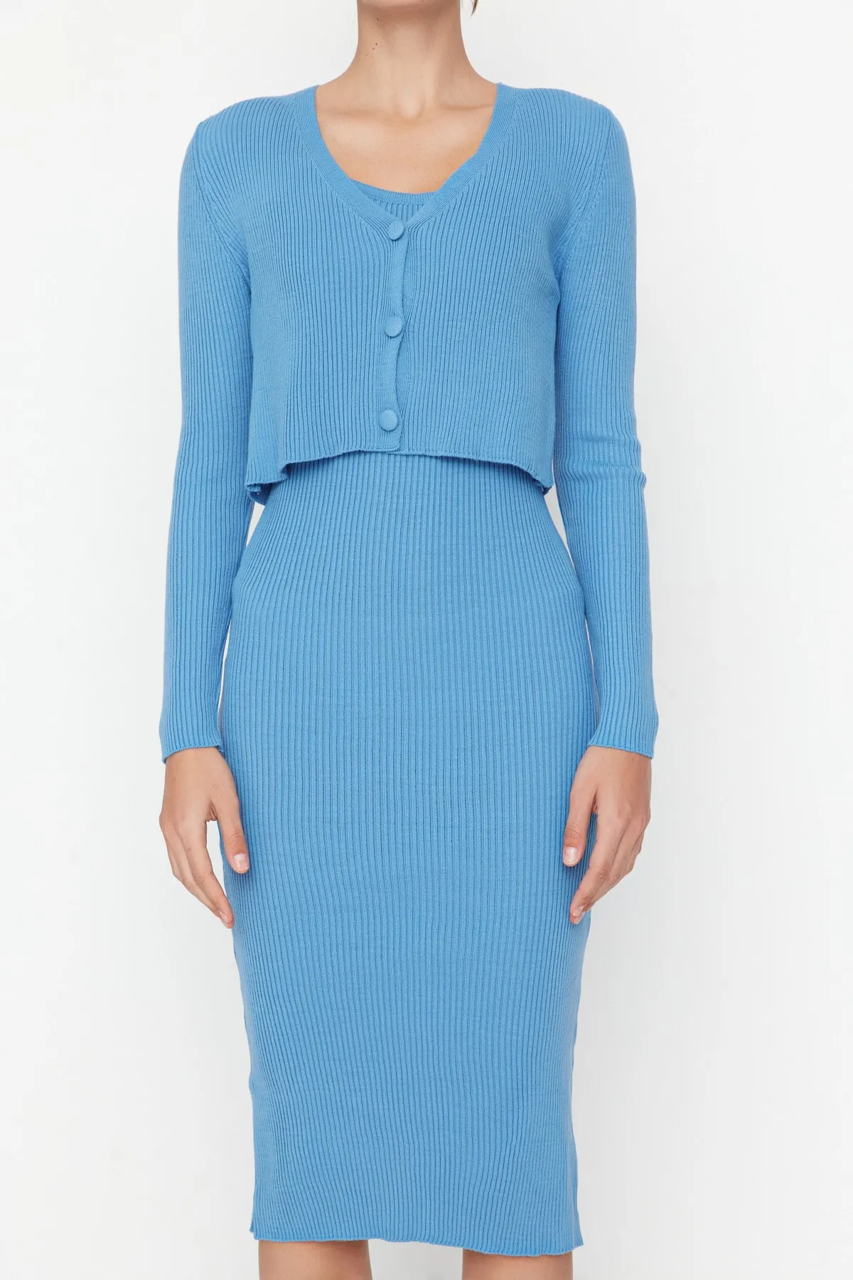 Trendyol Collection  Blau Blau taillierter Midi-Strick-Cardigan-Anzug TWOSS21EL0208 Kleid TWOSS21EL0208