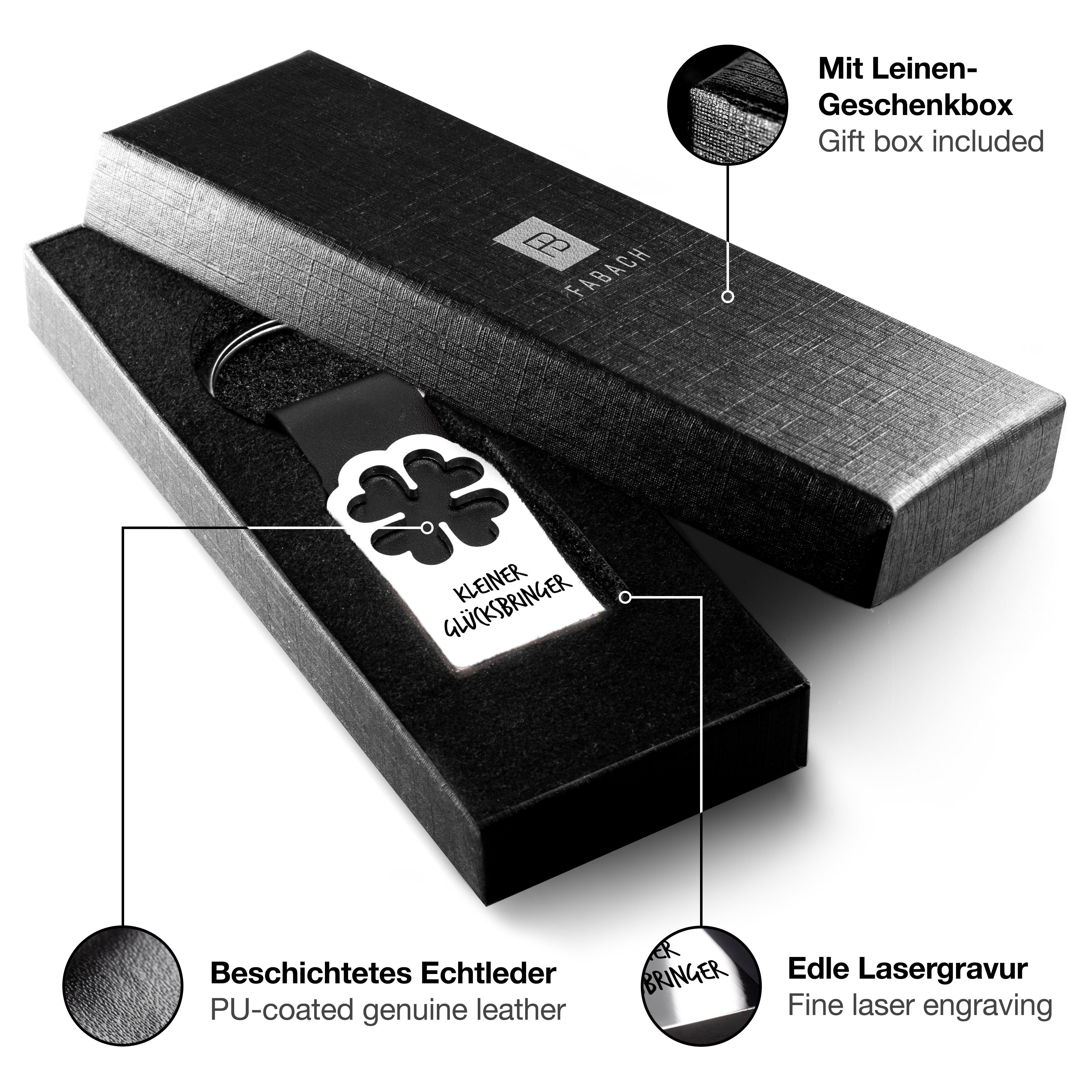 FABACH Schlüsselanhänger Leder mit Kleeblatt und Gravur - Viel Erfolg - Viel Glück Geschenk