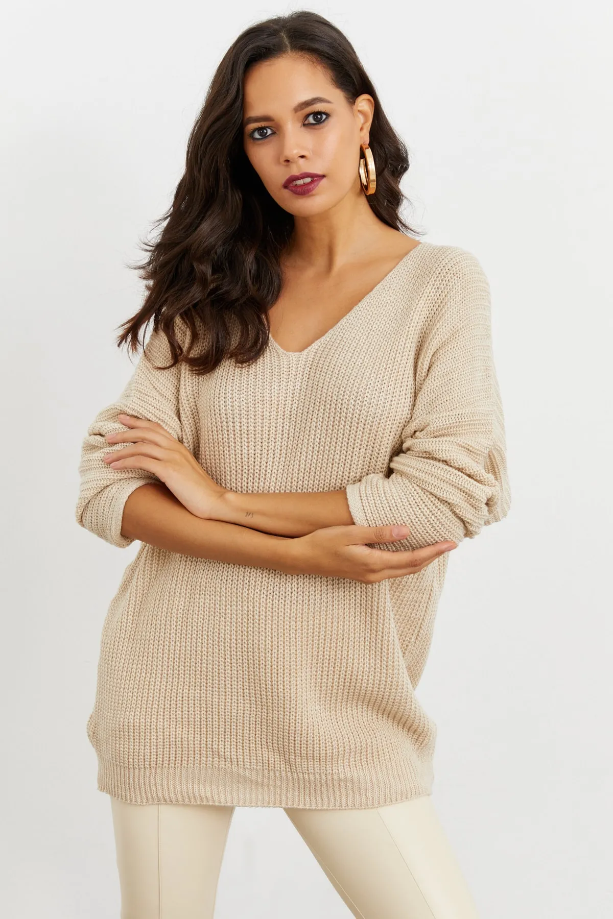 Cool & Sexy  Lockere Stricktunika mit V-Ausschnitt in Stein für Damen SMT158