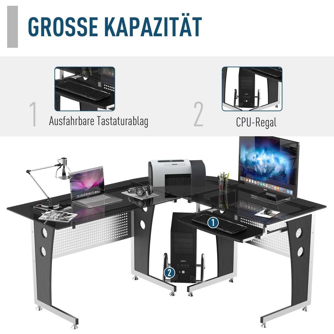 HOMCOM Computertisch Eckschreibtisch PC Tisch Bürotisch mit Sicherheitsglas Büro