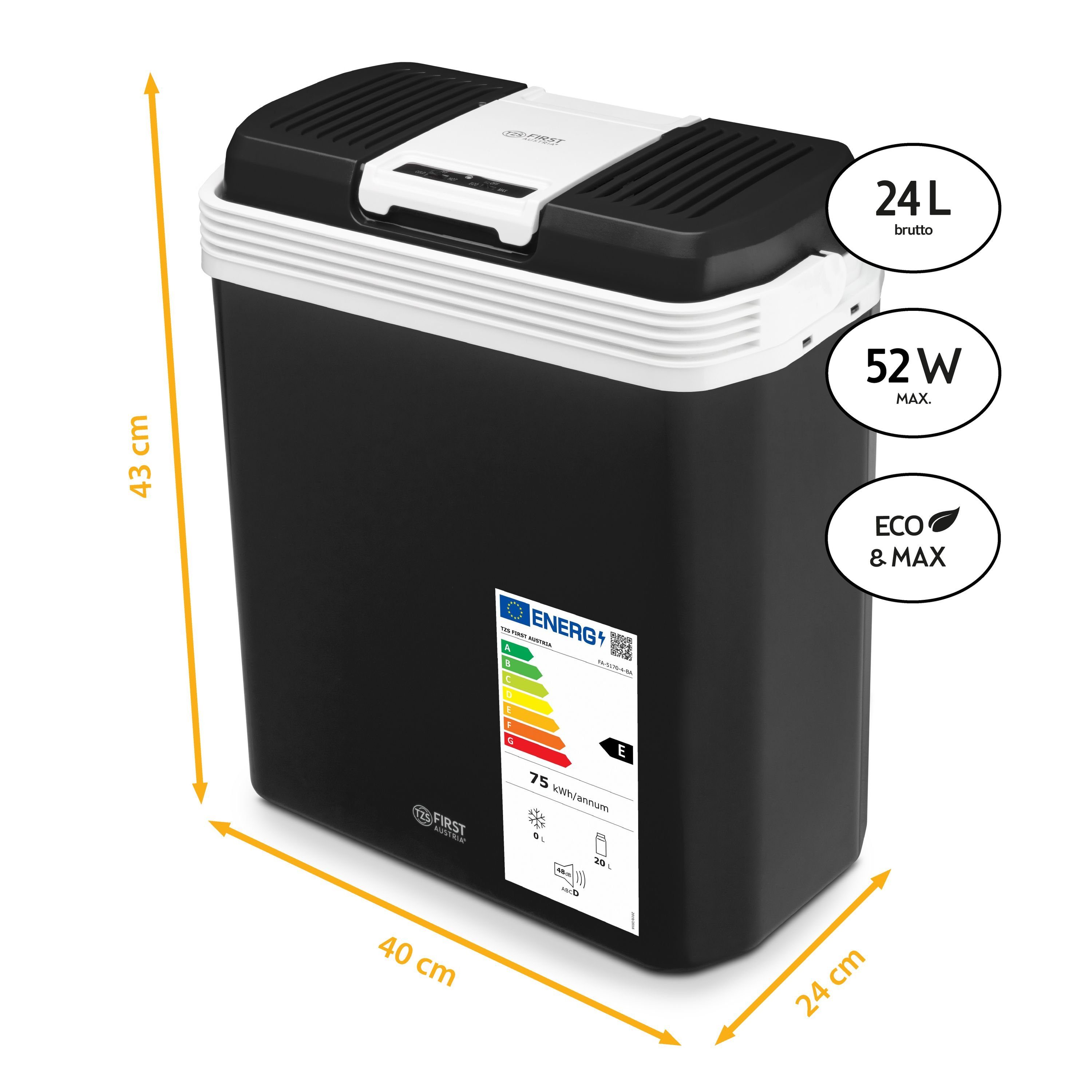 TZS FIRST AUSTRIA Elektrische Kühlbox elektrische Kühlbox, 24L, 12V /230V Anschluss, 12-V-Stecker fürs Auto, für Camping, Festivals, Reisen, mit Kühl- und Warmhaltefunktion