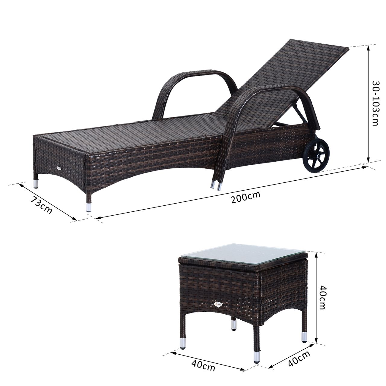 Outsunny Sonnenliege Gartenliege Tisch 3er-Set Gartenmöbel Braun/Cremeweiß
