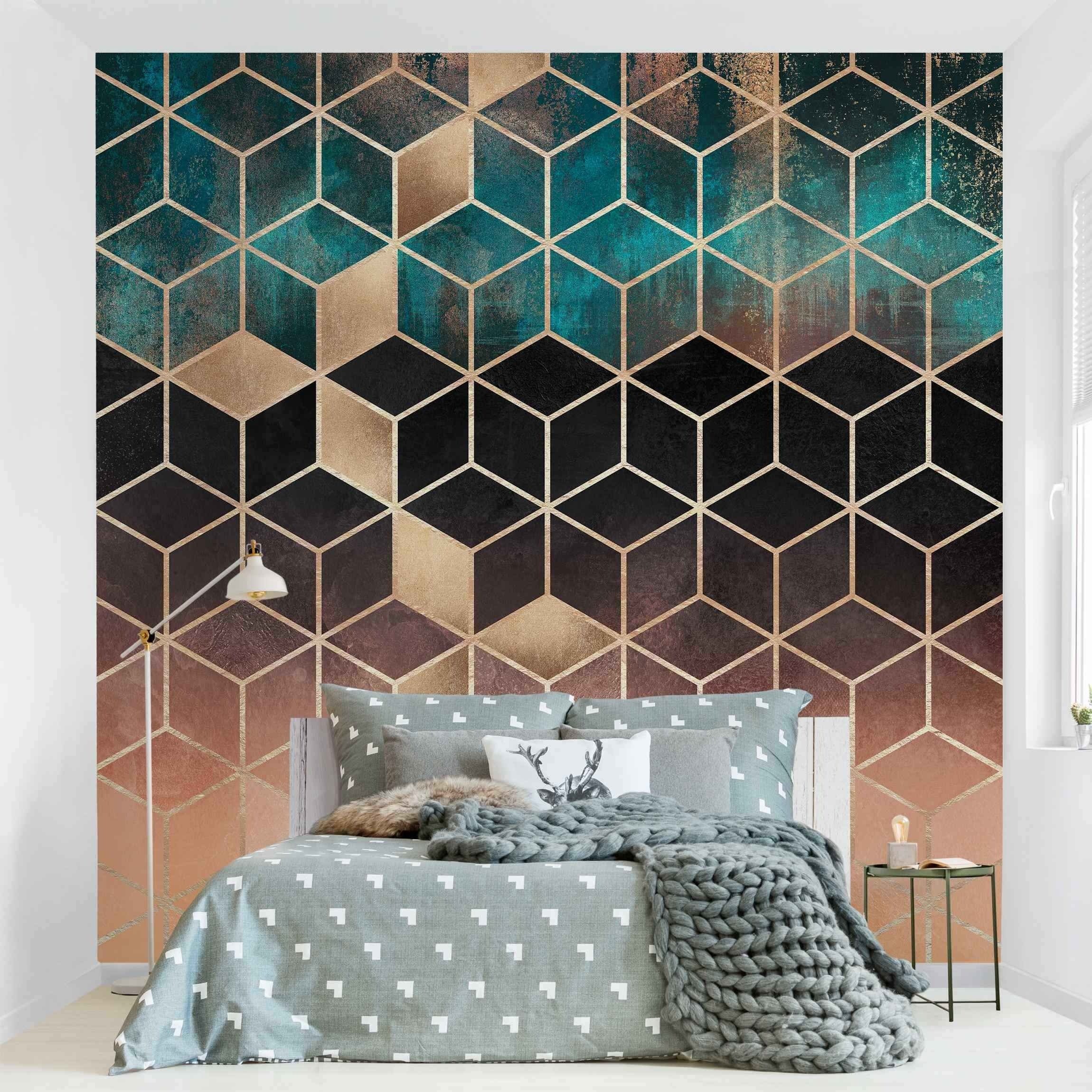 Bilderdepot24 Vliestapete Abstrakt Türkis Rosé goldene Geometrie Tapete Wanddeko Modern Kunst, Glatt, Matt, (Inklusive Gratis-Kleister oder selbstklebend), Wohnzimmer Schlafzimmer Küche Flur Fototapete Motivtapete Wandtapete