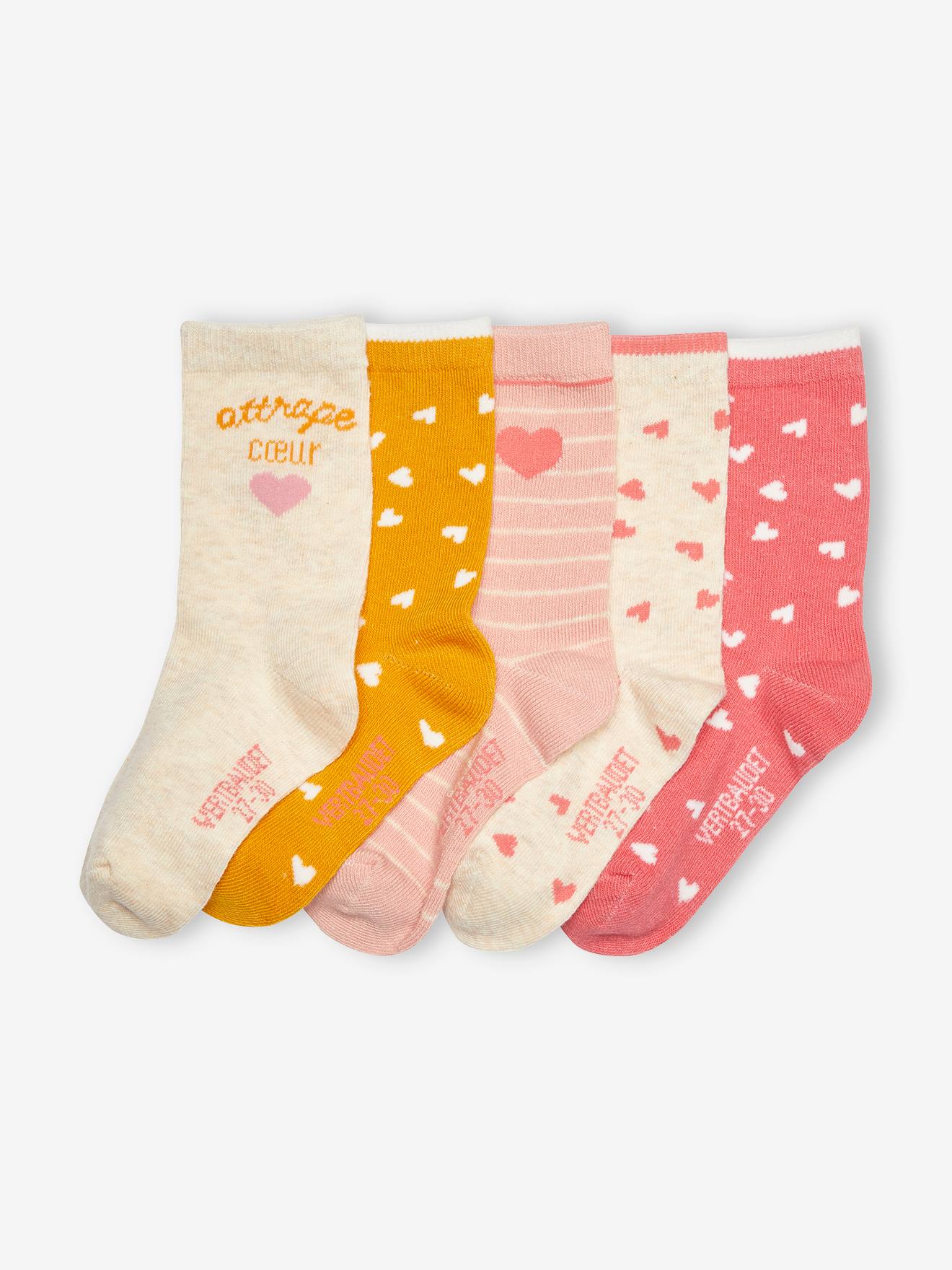 Lot de 5 paires de chaussettes coeurs fille BASICS lot bois de rose imprimé