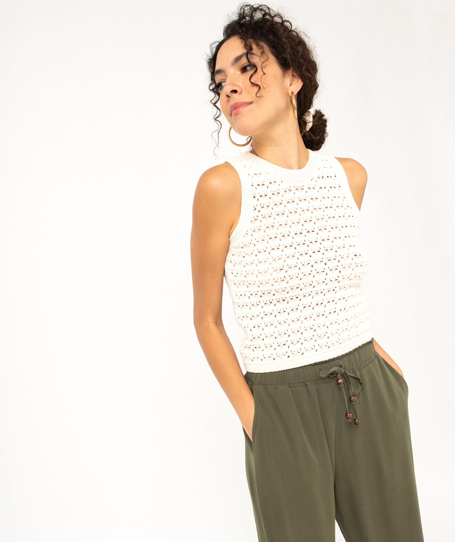 Débardeur en maille ajourée faon macramé femme ecru | GEMO