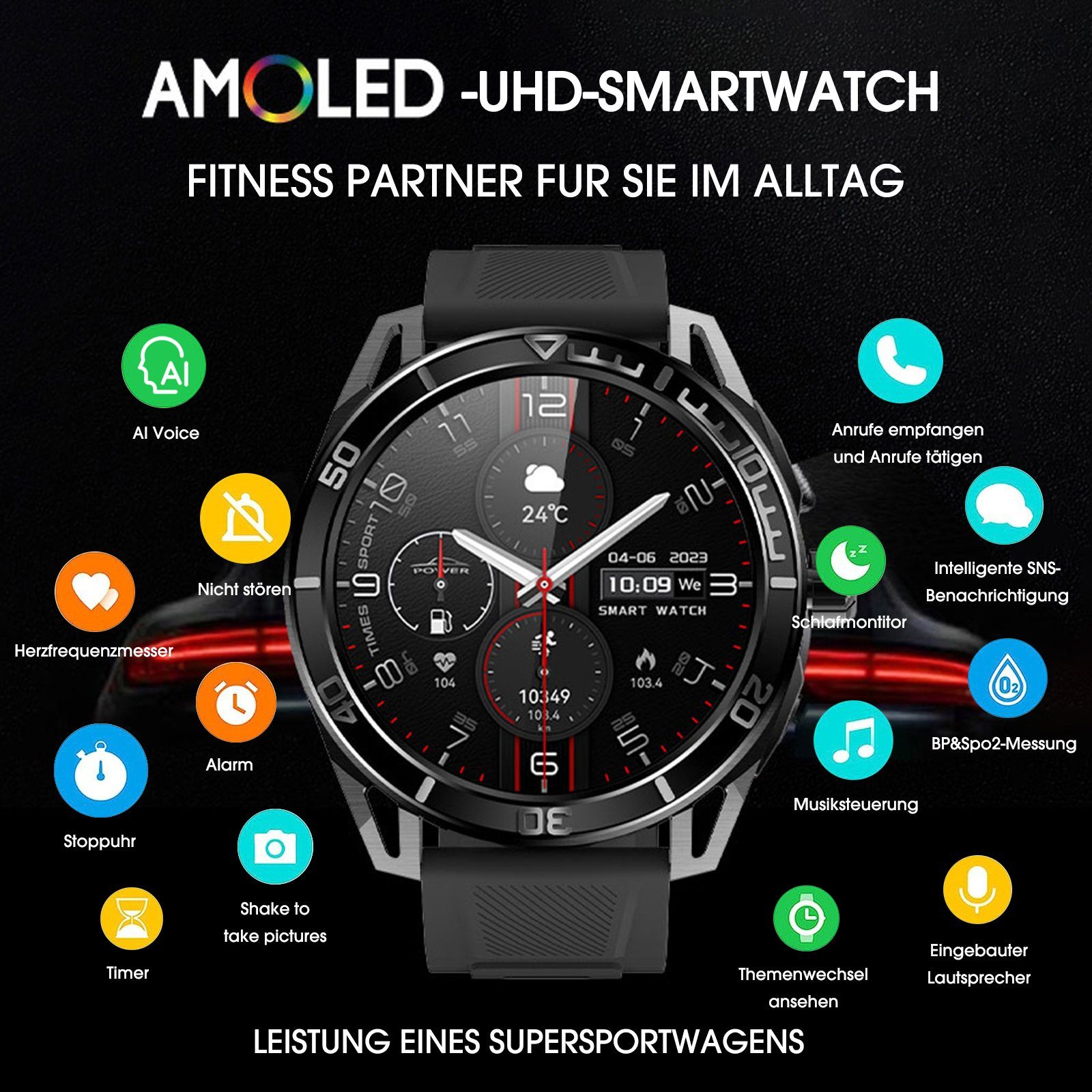 Yuede AMOLED Smartwatch, Fitness Uhr mit Anruffunktion für Damen und Herren Smartwatch (Rundes 1,43-Zoll-UHD-Full-Touch-AMOLED Farbdisplay Zoll) Gesundheits-Smartwatches mit Blutsauerstoff, Blutdruckmessung, Herzfrequenz, Schlafqualität, Schrittzähle