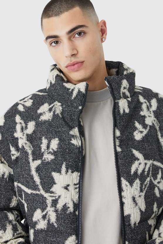Kastige florale Jacquard-Steppjacke mit Trichterkragen