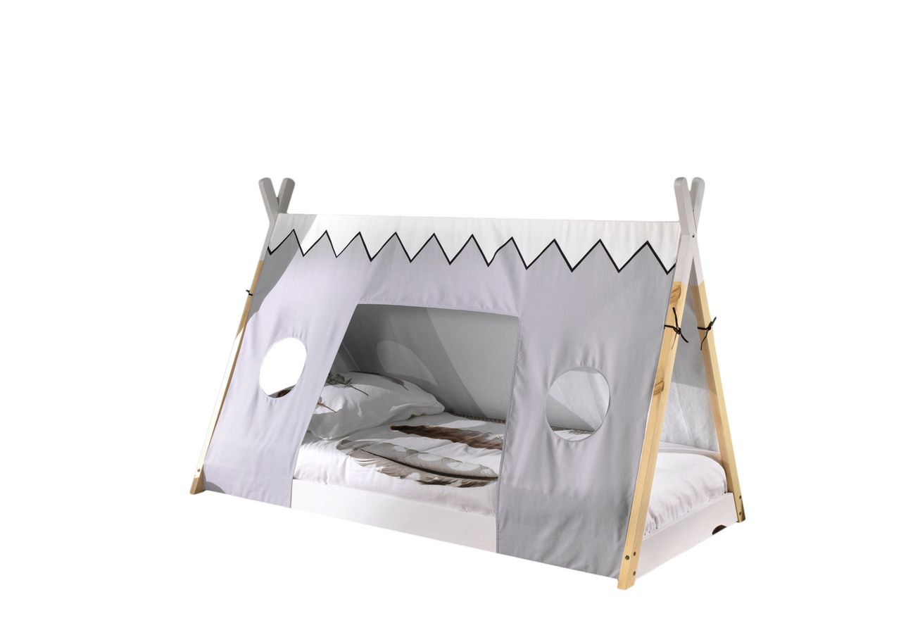 VIPACK Tipi Zelt Bett Liegefläche 90 x 200 cm, inkl. Rolllattenrost und Textilzeltdach, Ausf. Kiefer massiv natur/weiß